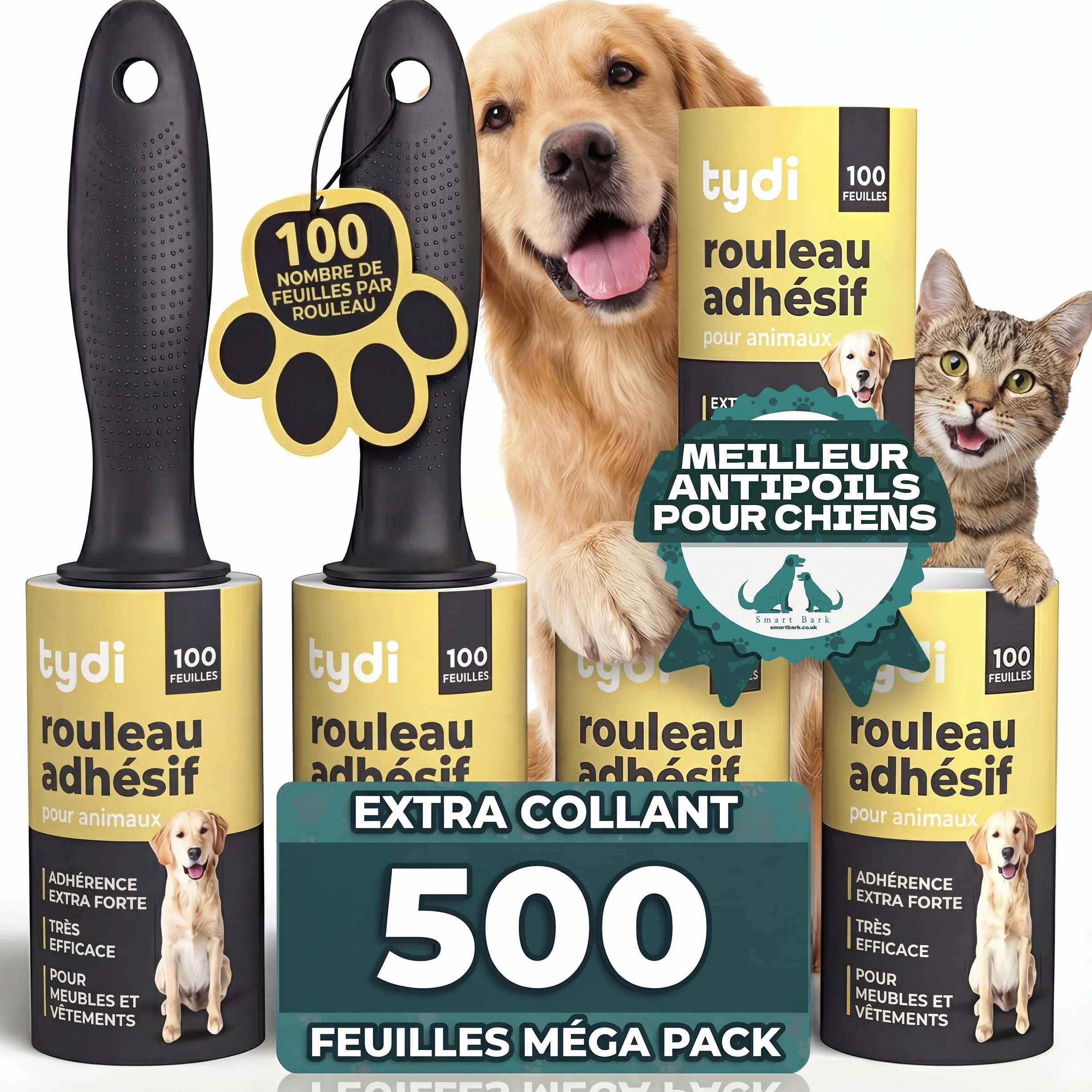 Tydi Rouleau Poils Animaux Réutilisable 500 Feuilles Brosse Adhesive avec 2 Poignées Recharge pour Vêtements Canapés
