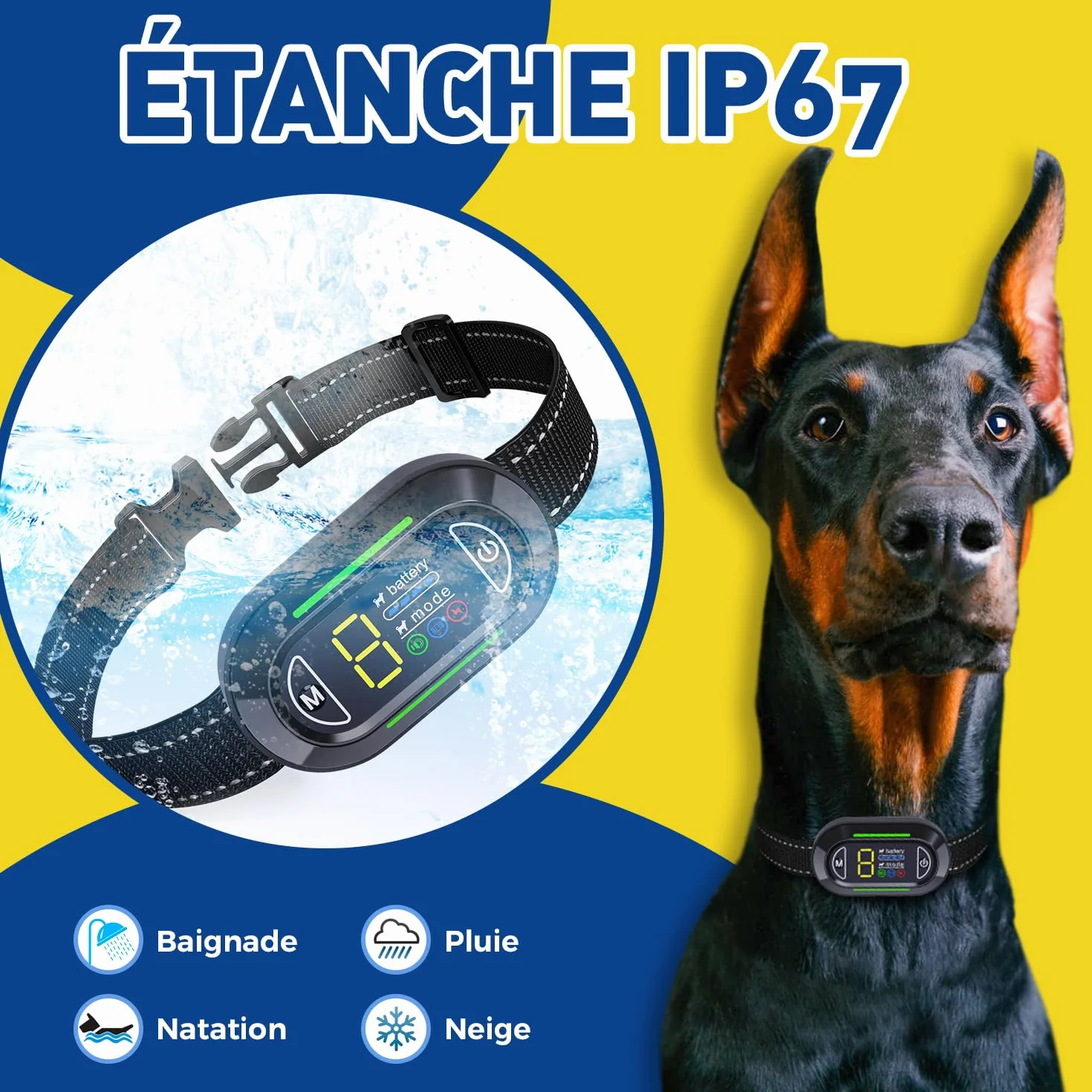 Collier Anti Aboiement Chien Rechargeable IP67 4 Modes Son Vibration Choc Electrique Réglable 5 Niveaux Sensibilité Noir