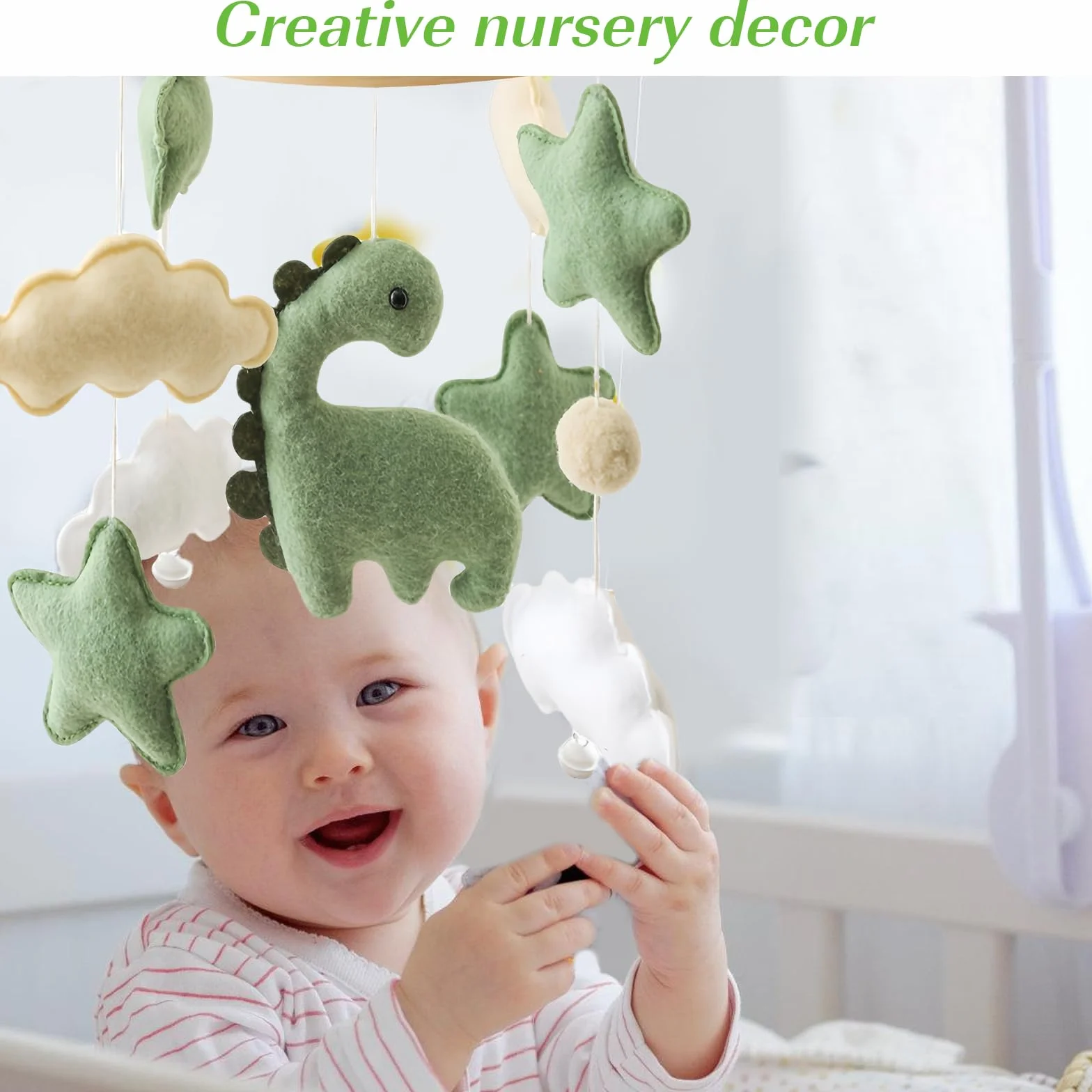 Carillon éolien bébé Dinosaure étoiles nuages Mobile bois lit bébé Jouet sensoriel Cadeau vert chambre enfant