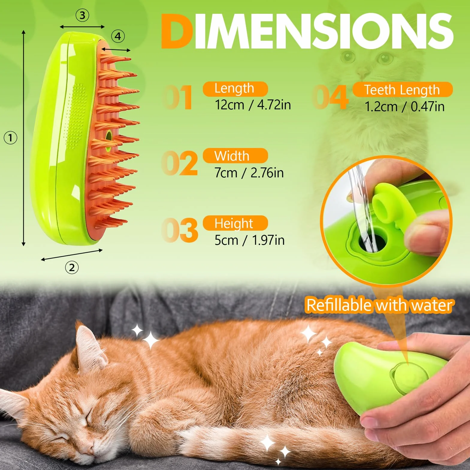 Brosse Chat à Vapeur 3-en-1 Multifonction Vert Démêler Noeuds Poils Lâches