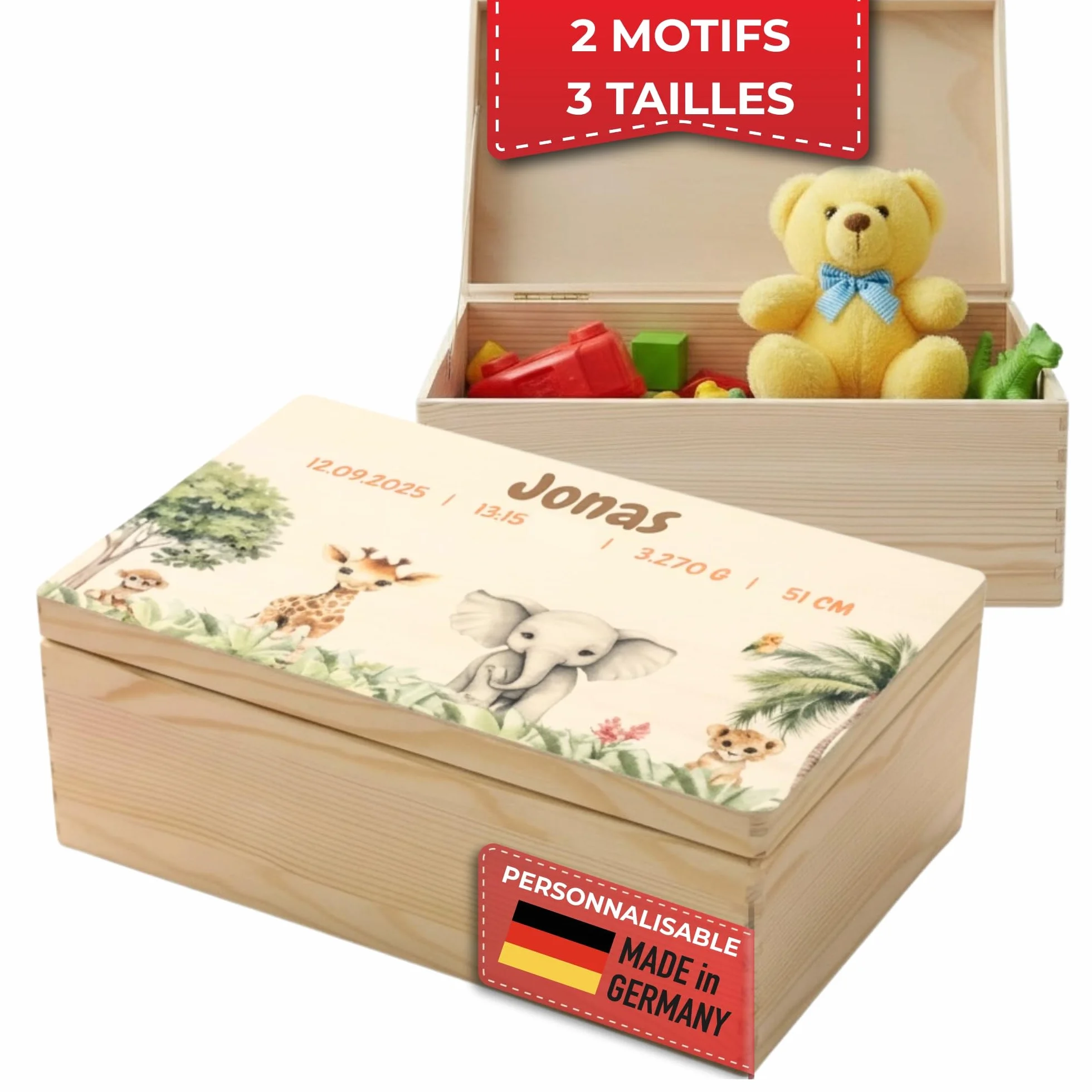 Boite Souvenir Bebe Personnalisée avec Nom Différentes Tailles Motifs Dates Naissance Inspirante