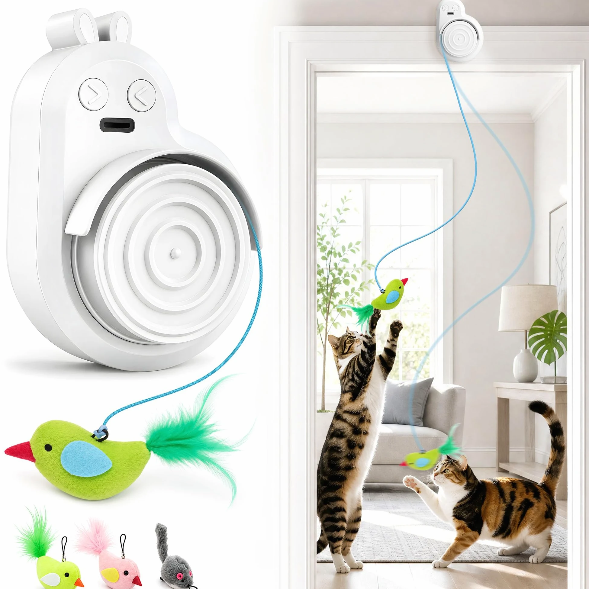 Jouets interactifs pour chats d'intérieur : plume d'oiseau volant automatique électrique et baguette de souris, jouet d'enrichissement électrique rechargeable pour chatons ennuyés et chats adultes