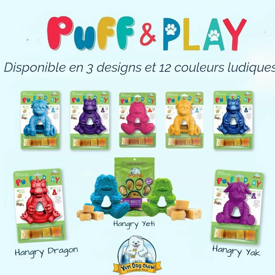 Yeti Puff and Play – Jouet interactif pour chien – Distributeur de friandises – Jouet à mâcher stimulant amusant pour la dentition, l'entraînement comportemental, apaisant l'anxiété, pour les mâcheurs