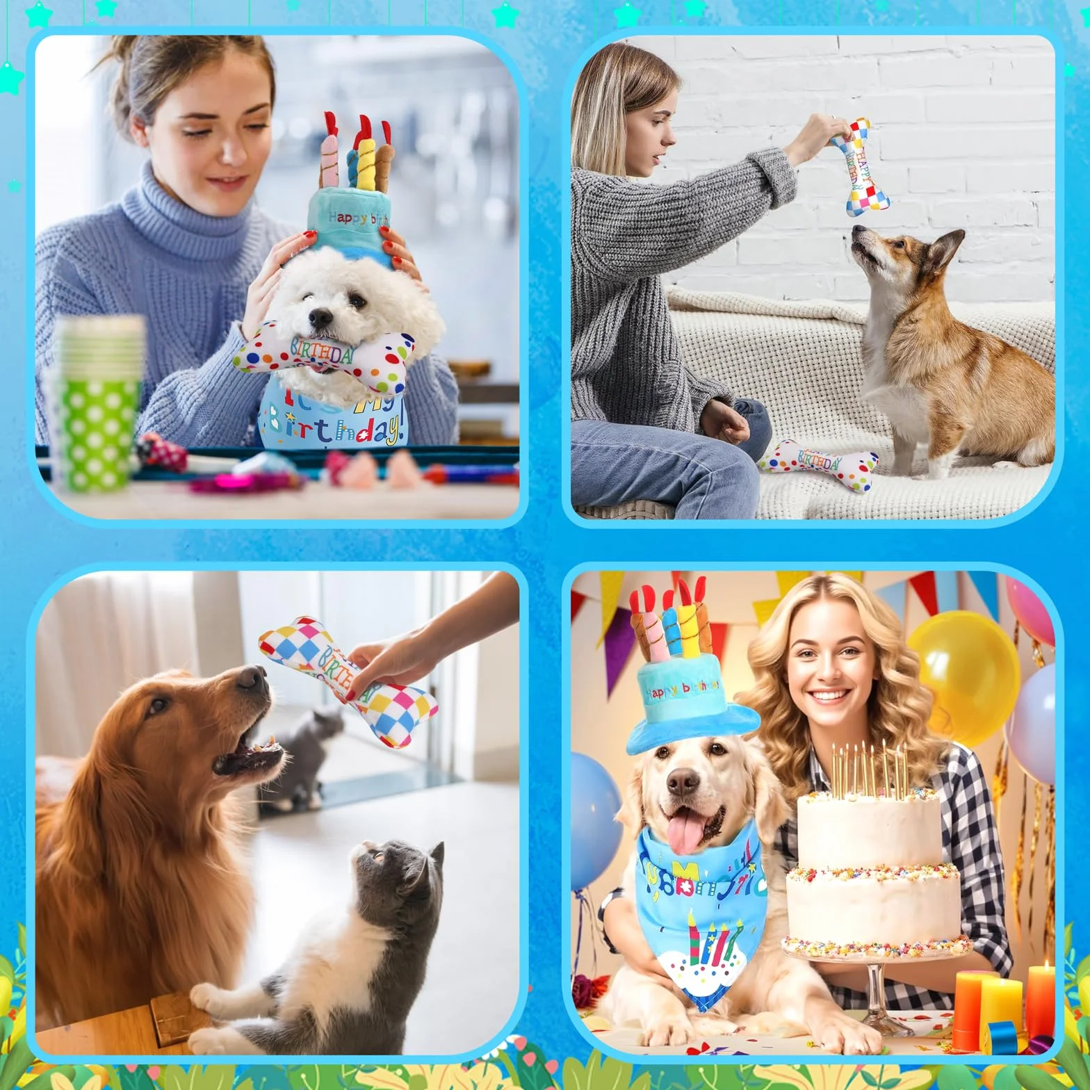 Lot de 4 jouets d'anniversaire pour chien - couineur réglable - chapeau - bandana - os en peluche