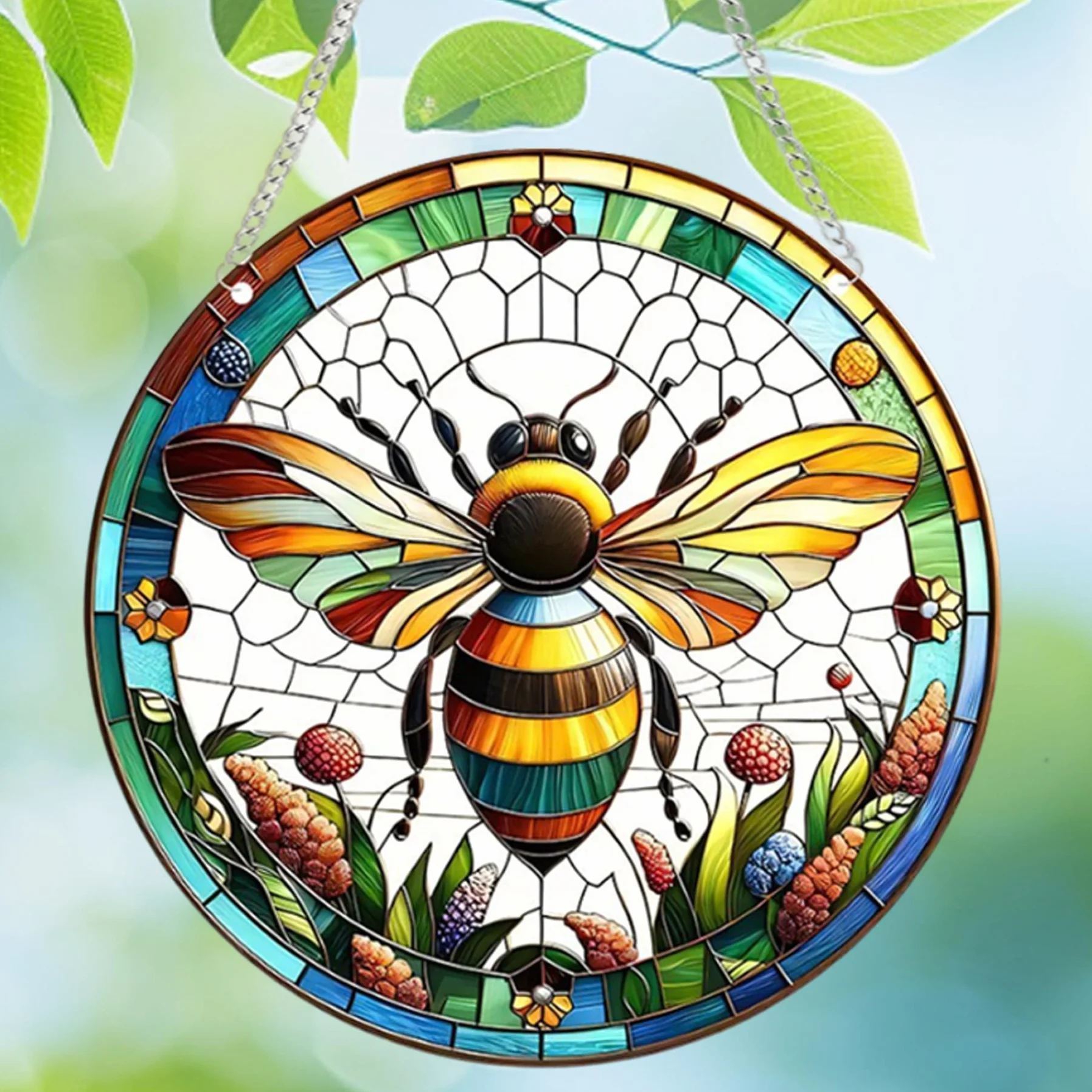 Vitrail Suspendu Abeille Décor Verre 7,87/20 cm pour Maison Jardin