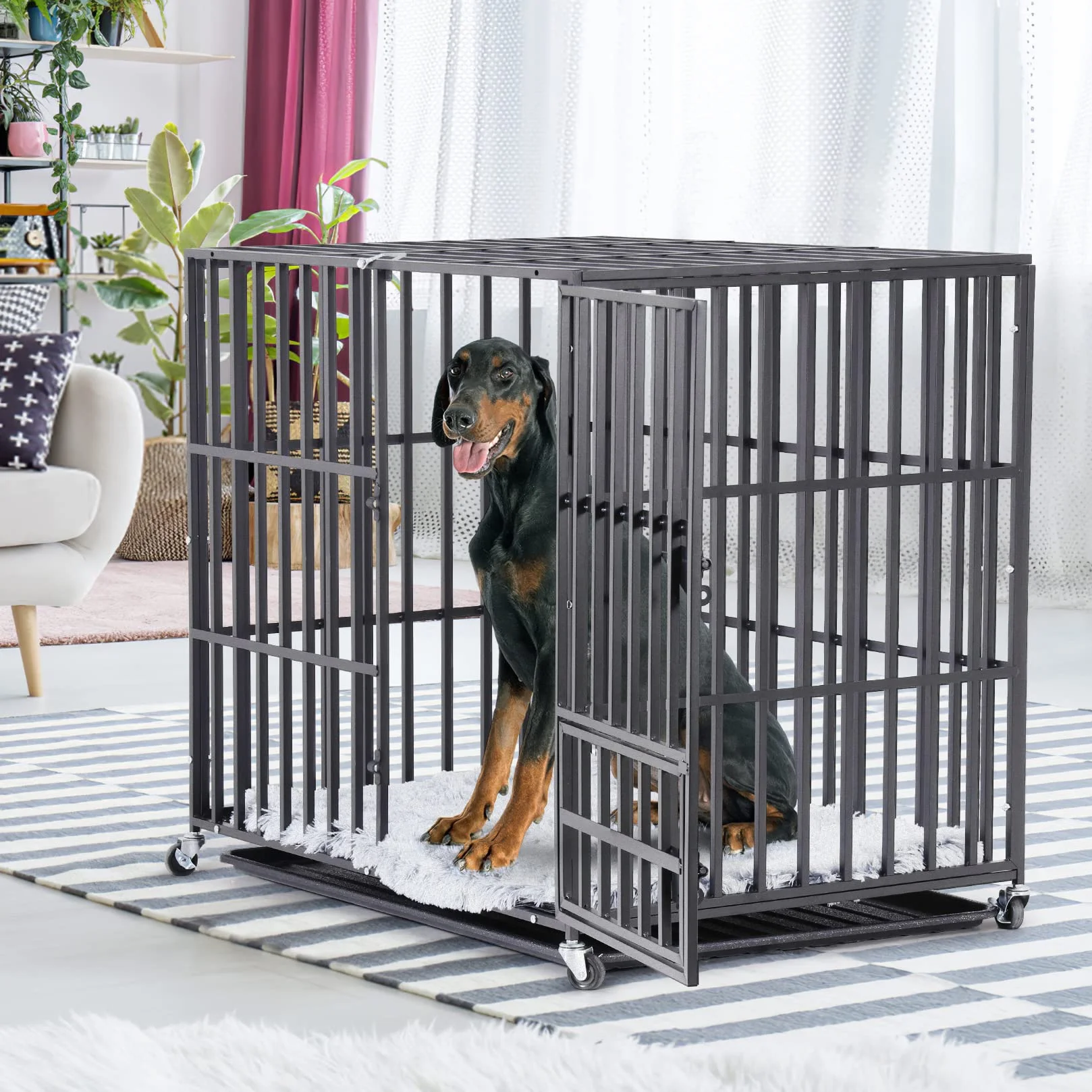 Cage Chien Interieur Solide Métal 117x96x84cm Grand Chien Caisse Transport XXL Roulette 3 Porte Plateau Amovible