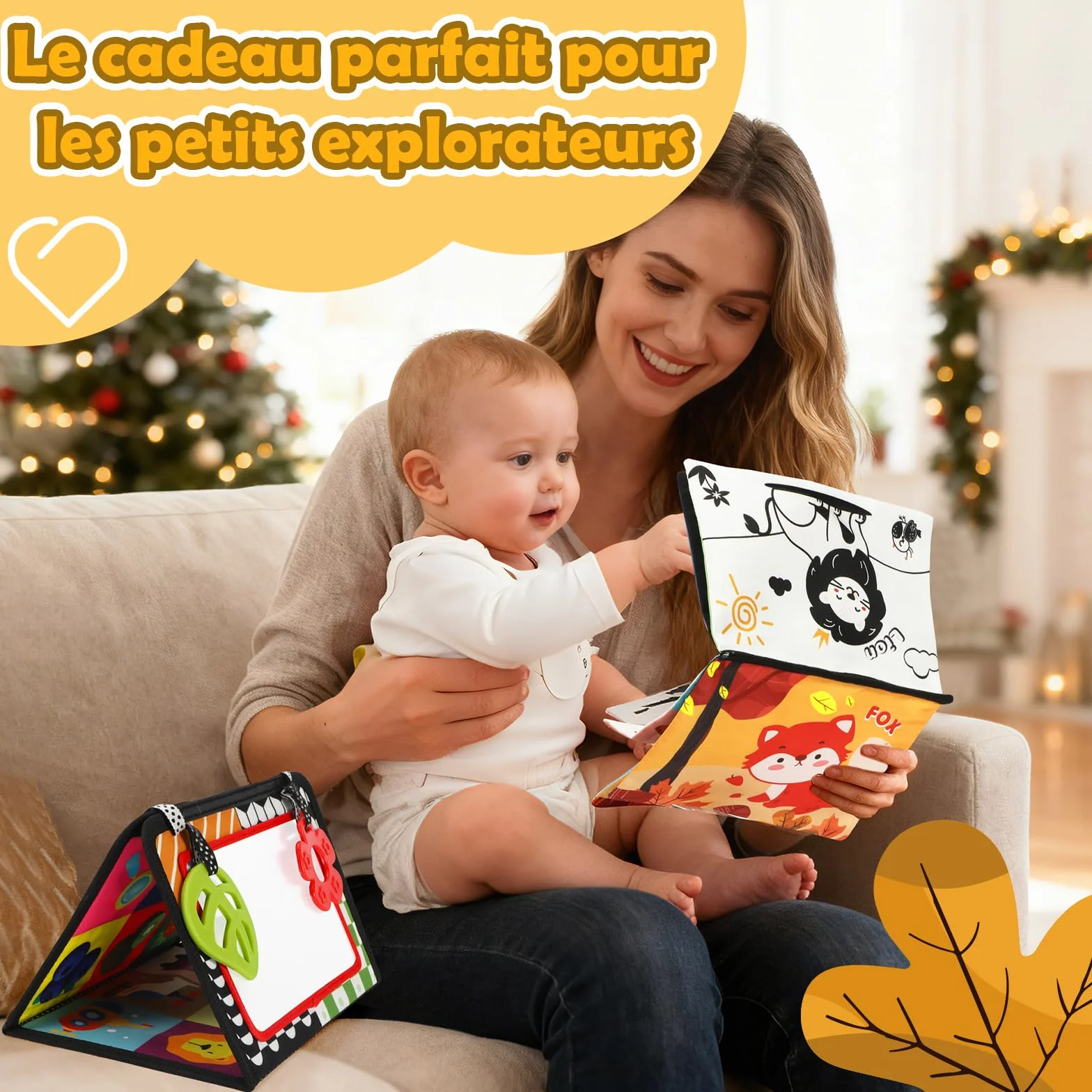 BBWOO Jouet Bébé 0-12 Mois, Grand Livre Pliable Montessori avec Miroir et Jouet Dentition Sensoriel, Images Noir et Blanc Haute Contraste
