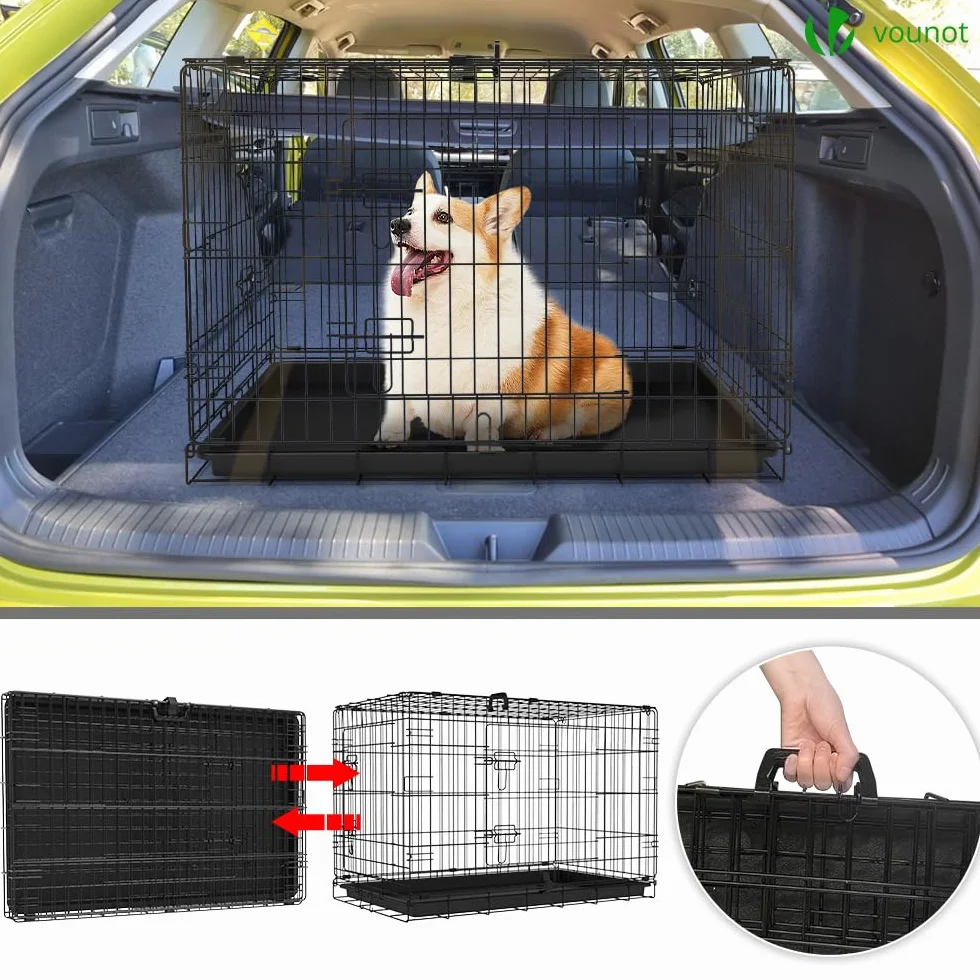 VOUNOT Cage pour Chien Pliable 92x58x64cm Noir avec 2 Portes Verrouillables et Plateau Amovible