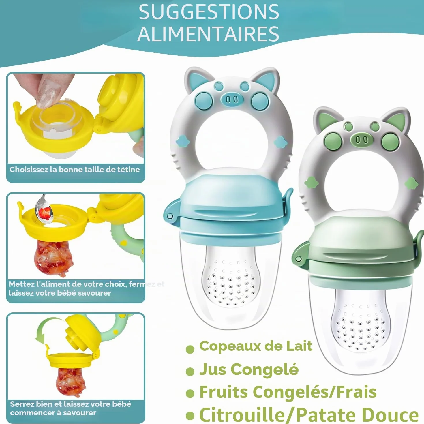 Grignoteuse Bébé Tetine Bebe - 2 Fruit Grignoteuses + 8 Tailles de Tétines Sans BPA, pour Enfants de 3 à 24 Mois, Vert+Bleu