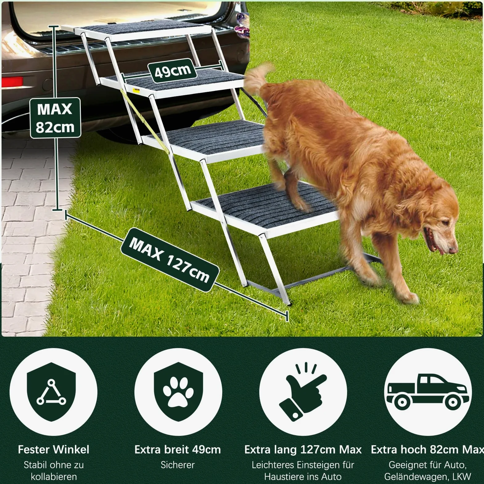 Escalier pour chien de voiture avec tapis, extra large à 4 marches, pliable, léger et antidérapant, pour camion et SUV, supporte jusqu'à 100 kg
