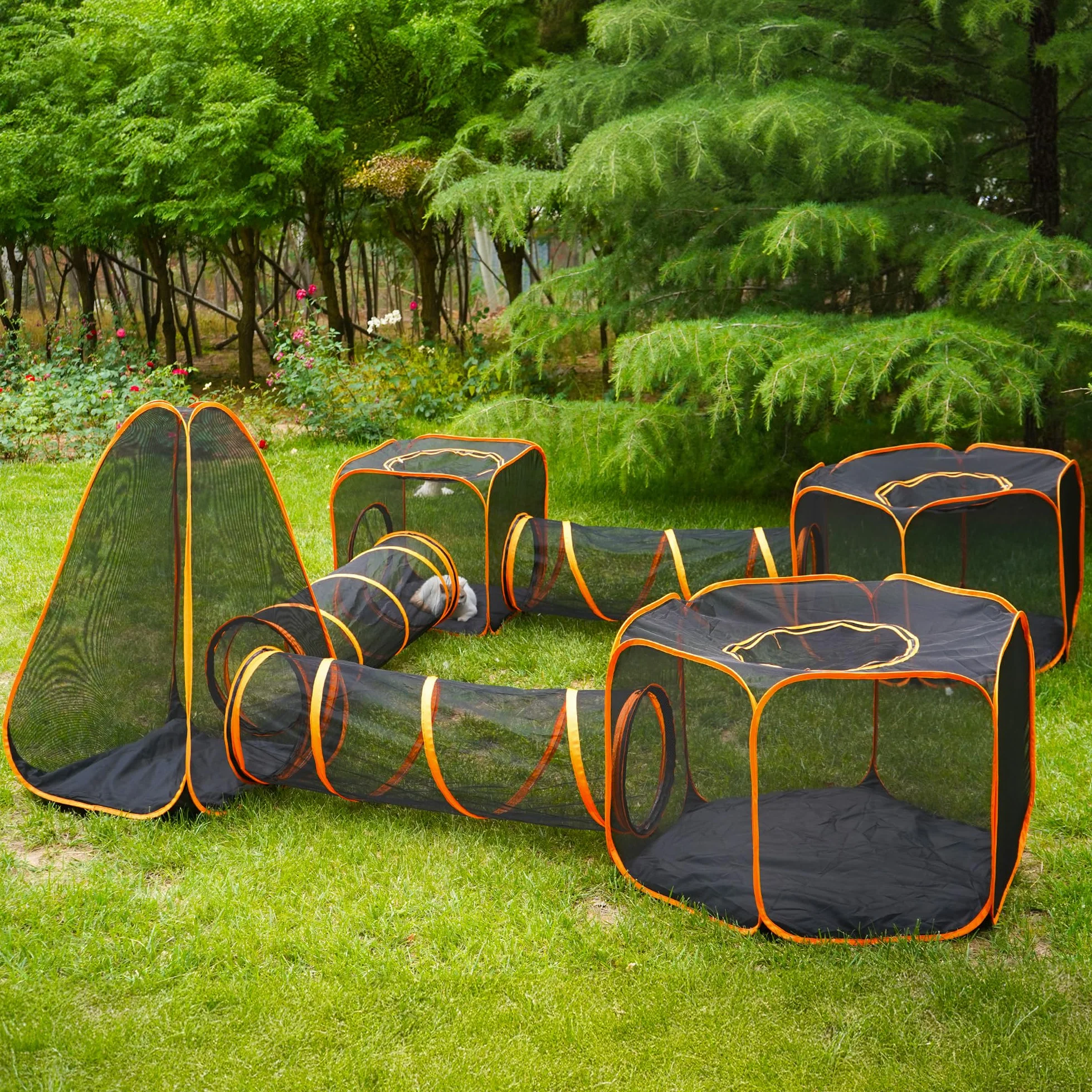 Enclos pliable pour chat Parc d'extérieur portable avec tente en maille et trois tunnels 7 en 1