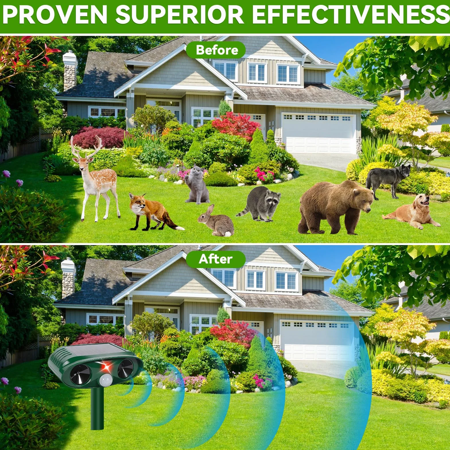 Répulsif Chat Ultrason 3 Modes Solaire USB IP54 Étanche Exterieur pour Chats Chiens