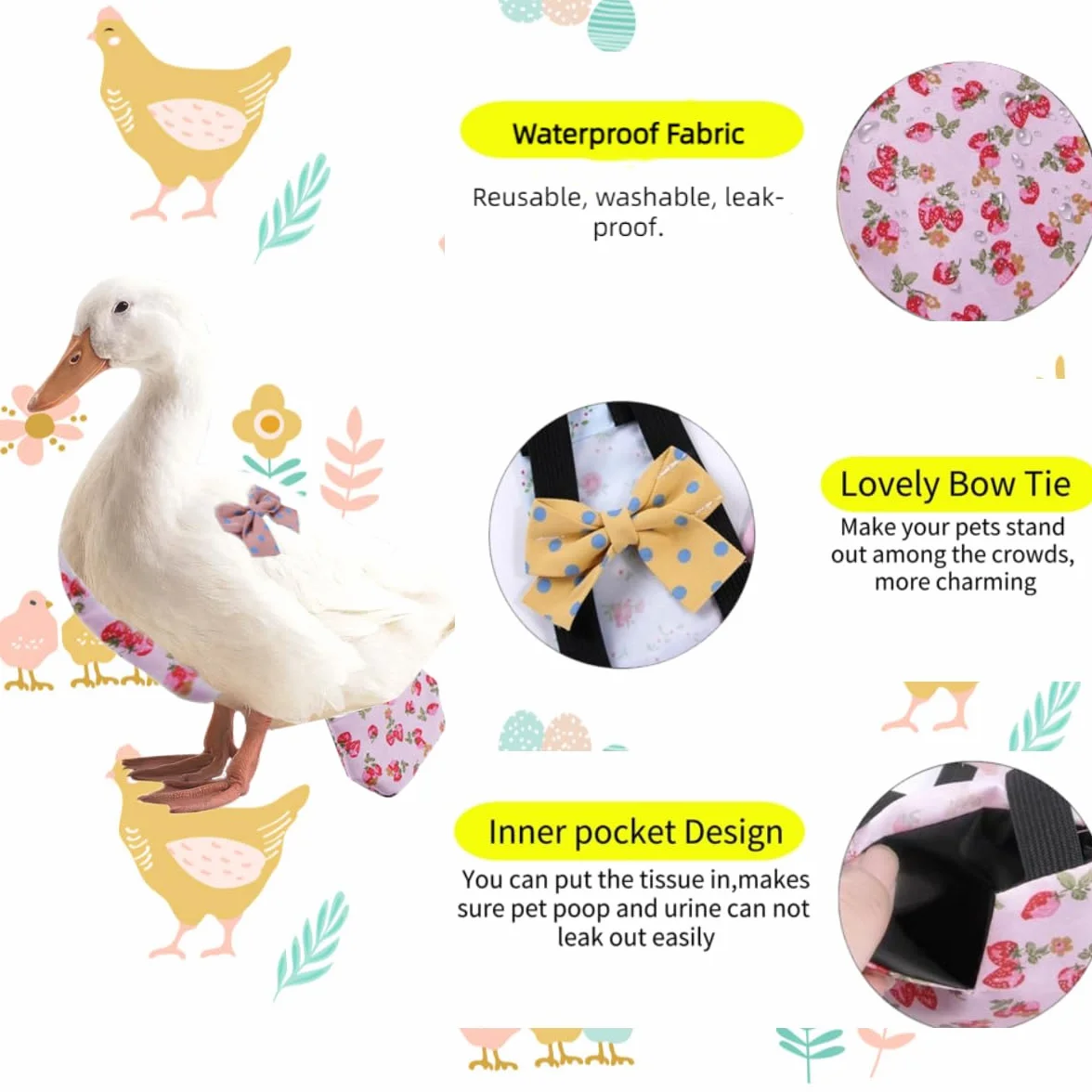 Lot de 3 couches réutilisables imperméables lavables pour poules bantam canards oies soie oiseaux domestiques