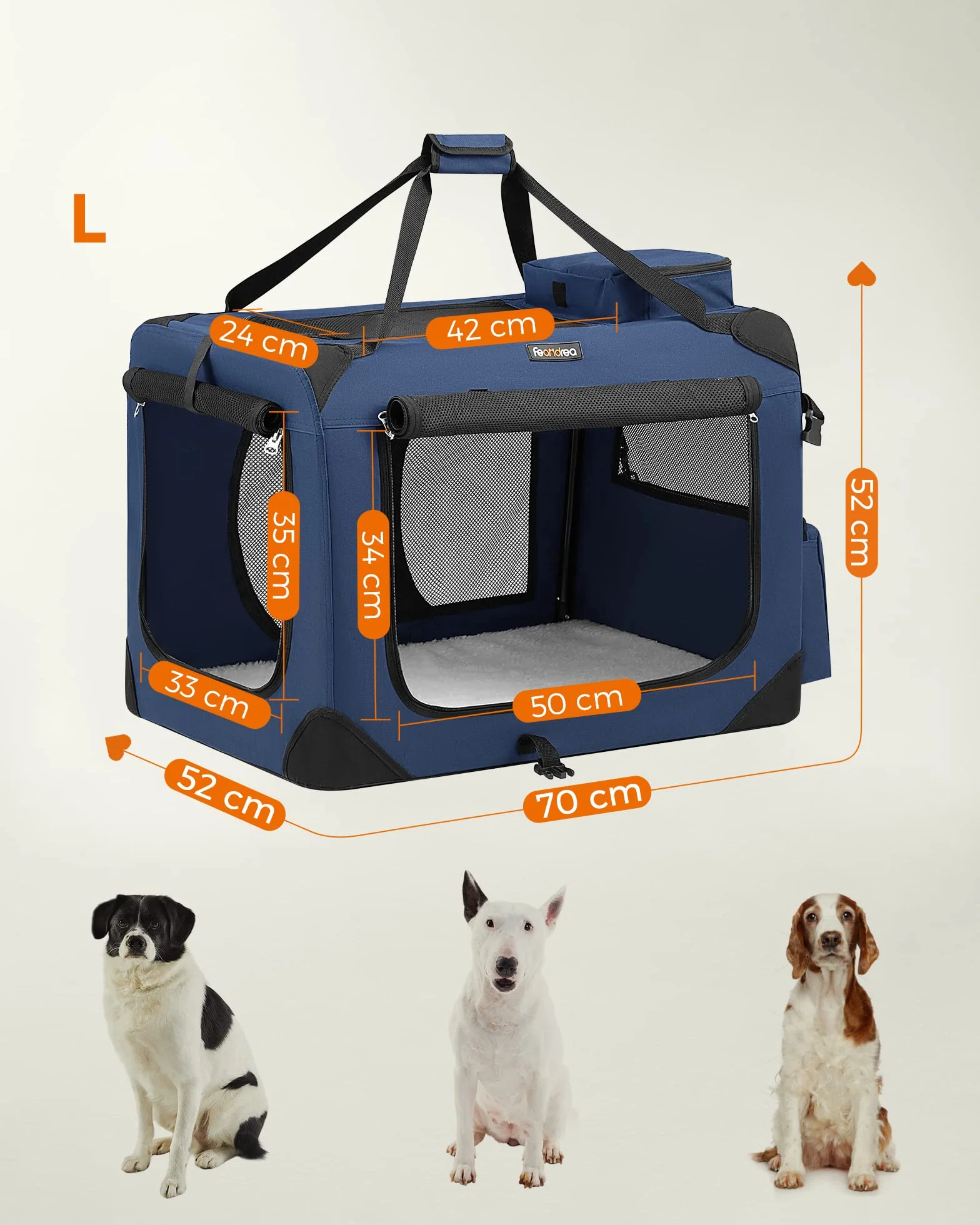 Feandrea Sac Transport Chat Chien Caisse Pliable Animaux de Companie Taille L Tissu Oxford Filet Respirant Portable Cadre Métal Poignées Pochettes 70 x 52 x 52 cm Bleu Foncé