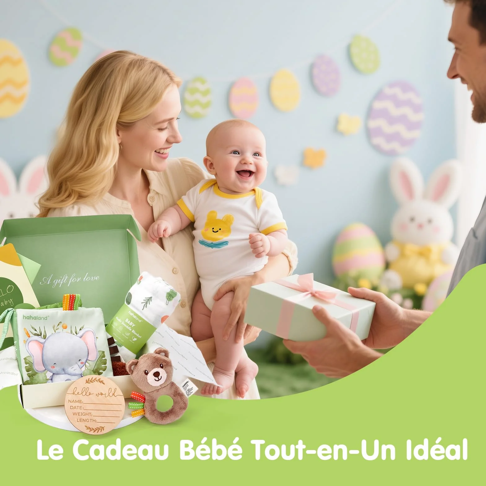 Coffret Naissance Bébé Fille et Garçon, Cadeau Nouveau-né avec Couverture d’Emmaillotage, Hochets et Livre d’Éveil Sensoriel, 0–12 Mois