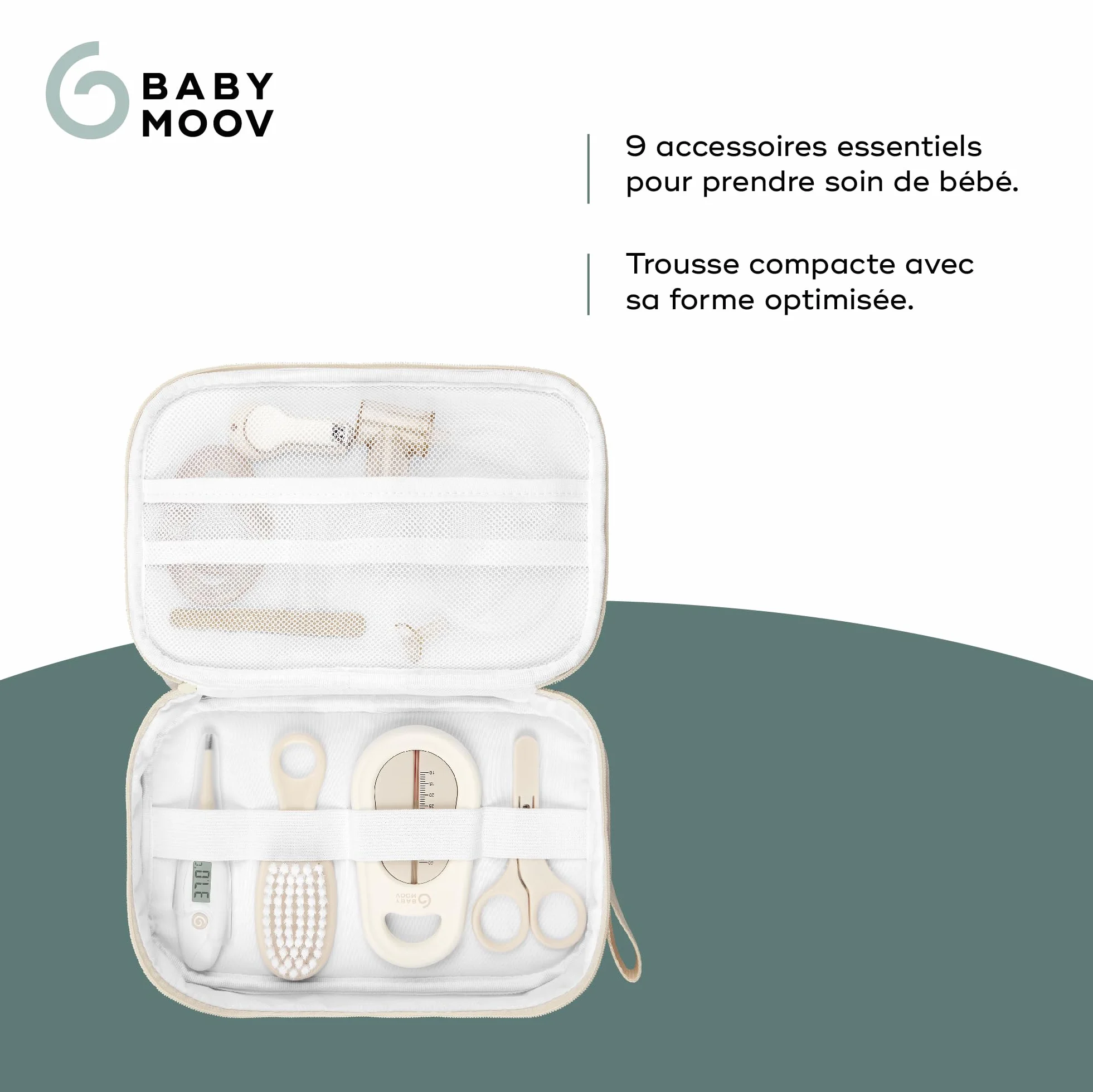 Babymoov Trousse de Soin Bébé - 9 Accessoires Essentiels - Brosse à Cheveux, Thermomètre digital, Thermomètre de bain, Coupe Ongles