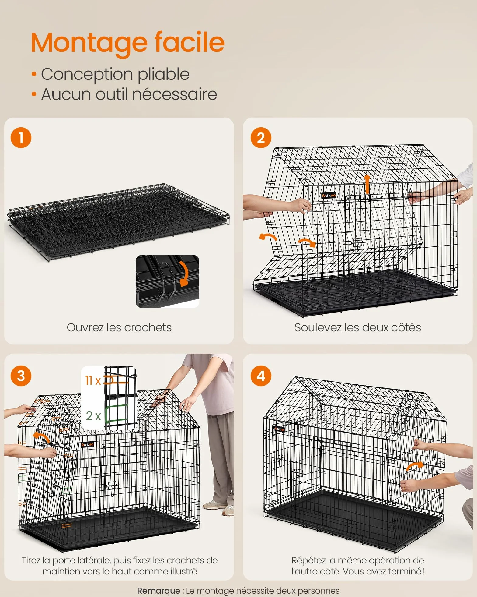 Feandrea Cage pour Chien Pliable, 120 x 72.5 x 109 cm, Métal, XXL, Double Porte, Noir d'encre