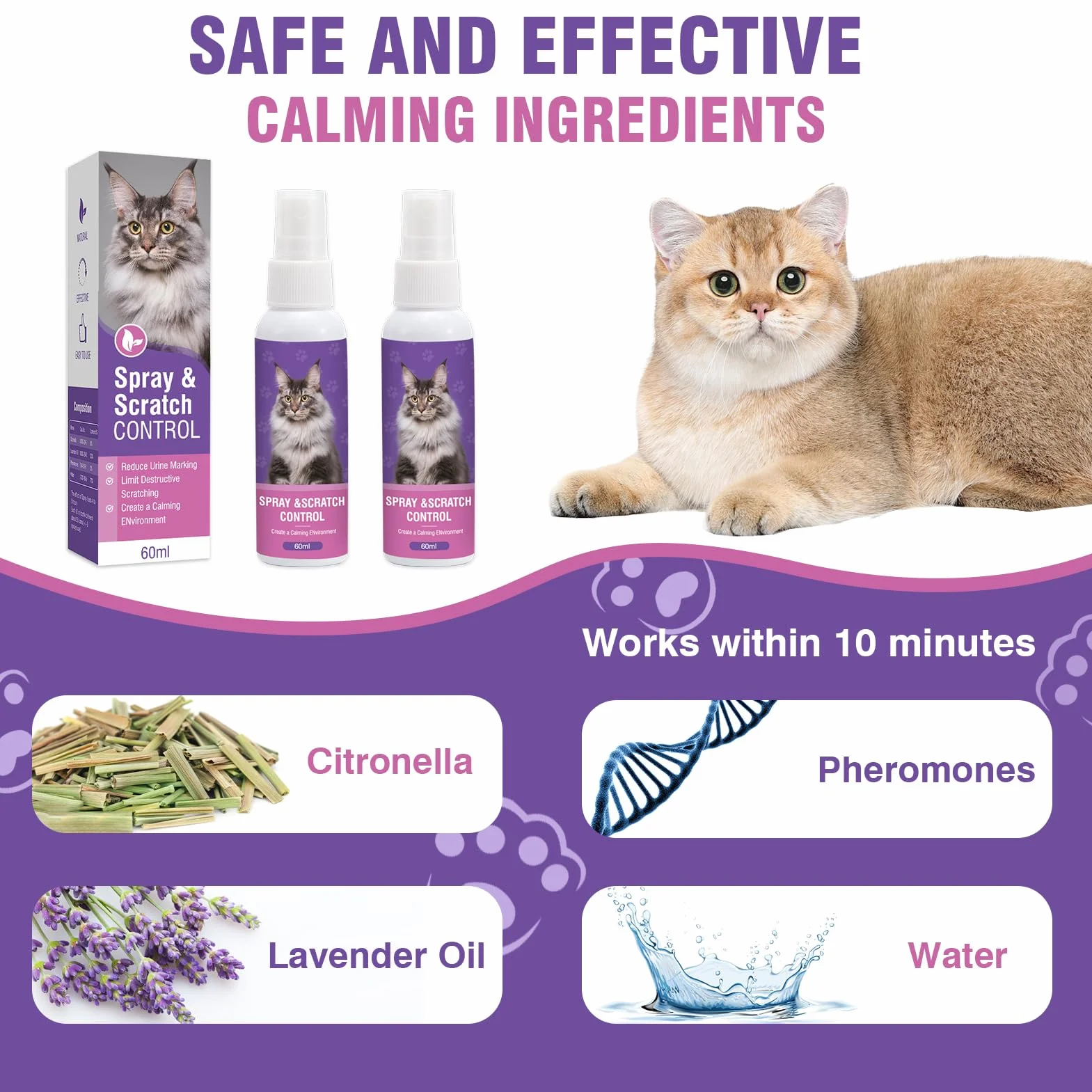 Spray Anti Stress Chat 2 Pièces Phéromones Apaisant Calmant pour Chats
