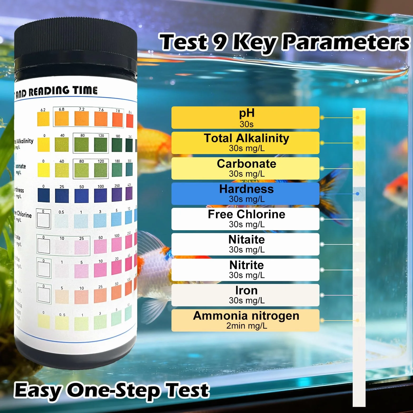 9 en 1 Test d'eau pour Aquarium, 100 Bandelettes de Test Eau pour PH, Alcalinité Totale, Dureté, Carbonatée, Nitrite, Nitrate, Chlore Fer et Ammoniac, Accessoire pour Bassins