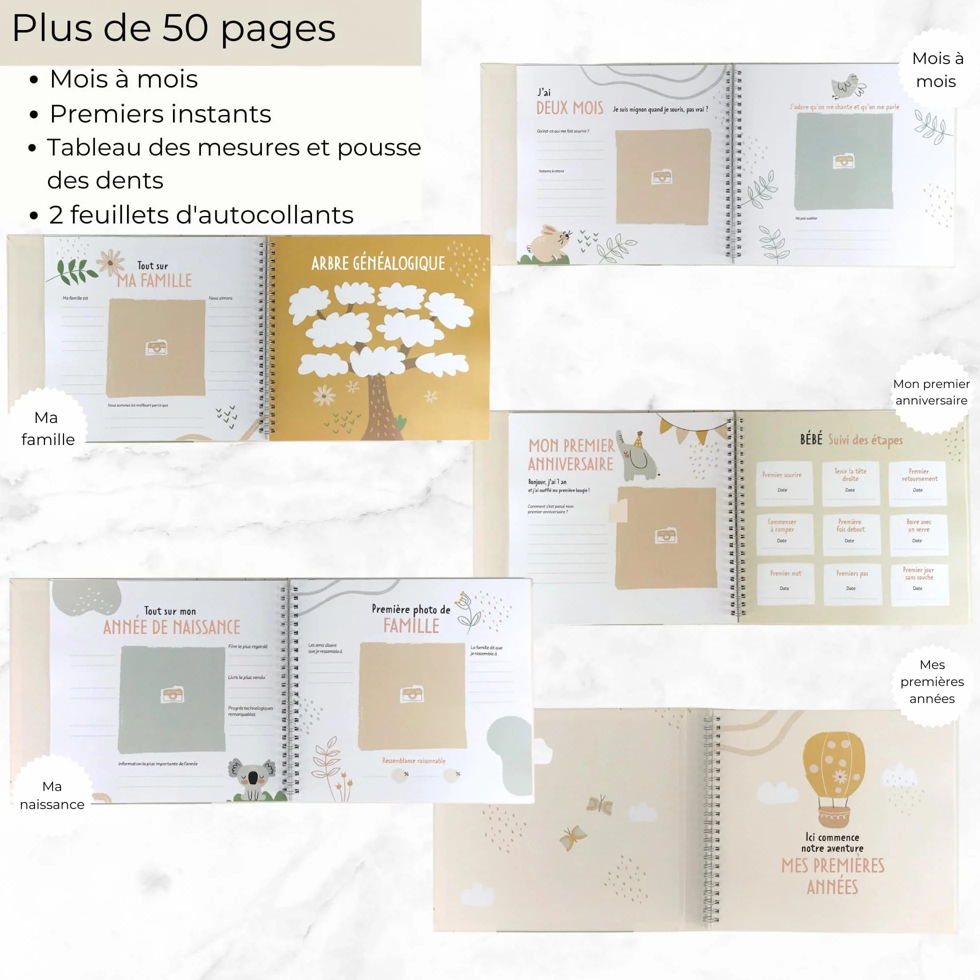 Livre de Naissance pour Coller des Photos et Écrire 50 Pages Autocollants Album Photo Bebe Première Année jusqu'à 5 Ans Beige Français