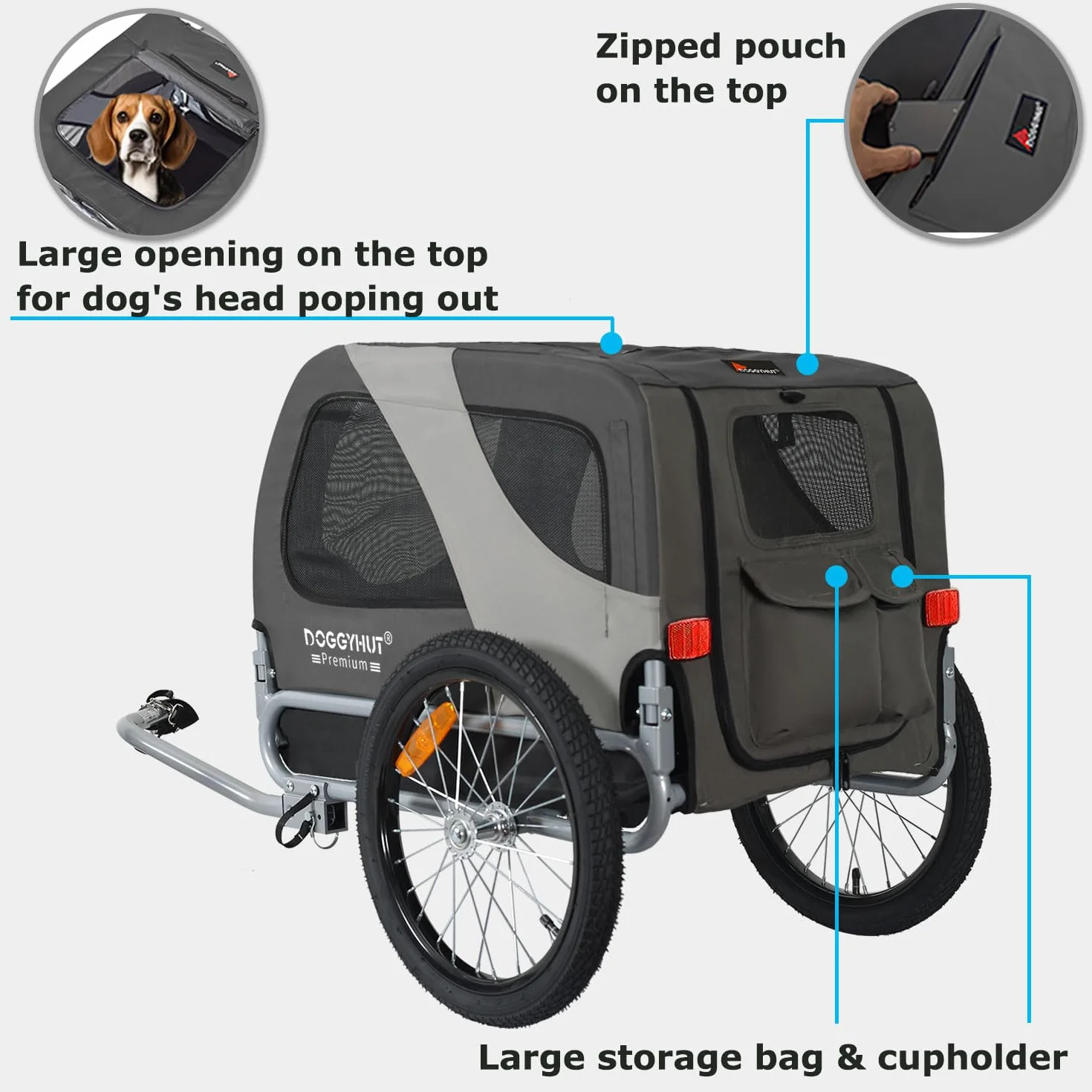 DOGGYHUT® Remorque de vélo pour chiens 23 kg pliable