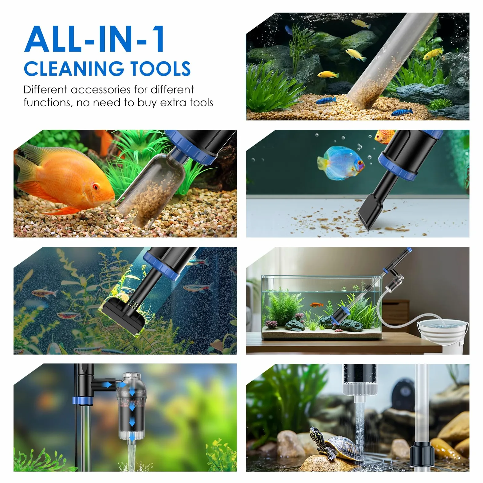 Nettoyeur de gravier électrique 8 en 1 pour aquarium 36 W | Outils de nettoyage multifonctionnels, changement d'eau, lavage du sable, filtration de l'eau, nettoyage du verre