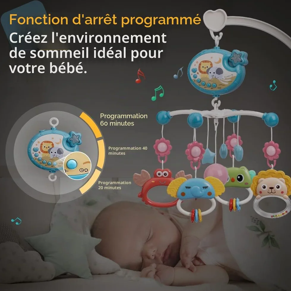 Mini Tudou Bébé Mobile de Berceau Musical avec Projection d'Étoiles et Télécommande, Jouet pour Nouveau-né