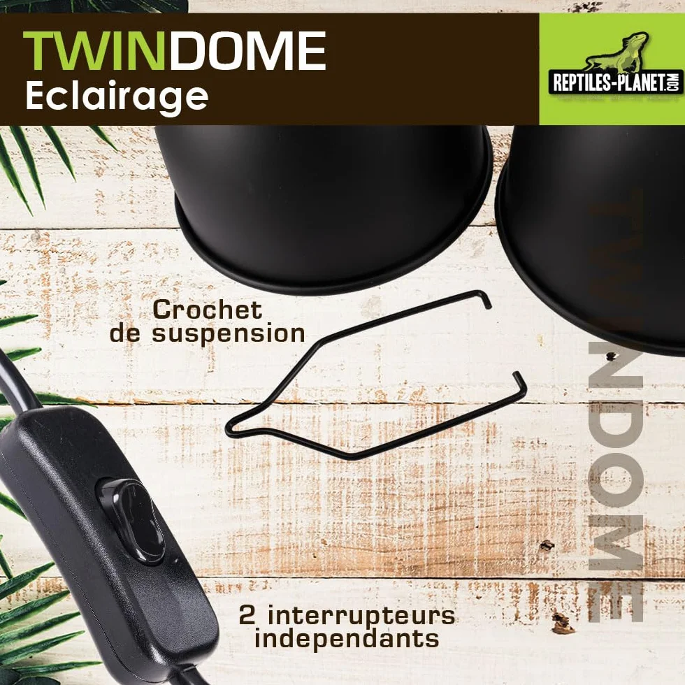 Reptiles Planet Twindome 14 Double Support d'Ampoule à Suspendre ou à Poser sur le Terrarium Ø 14 cm H 16 cm Noir
