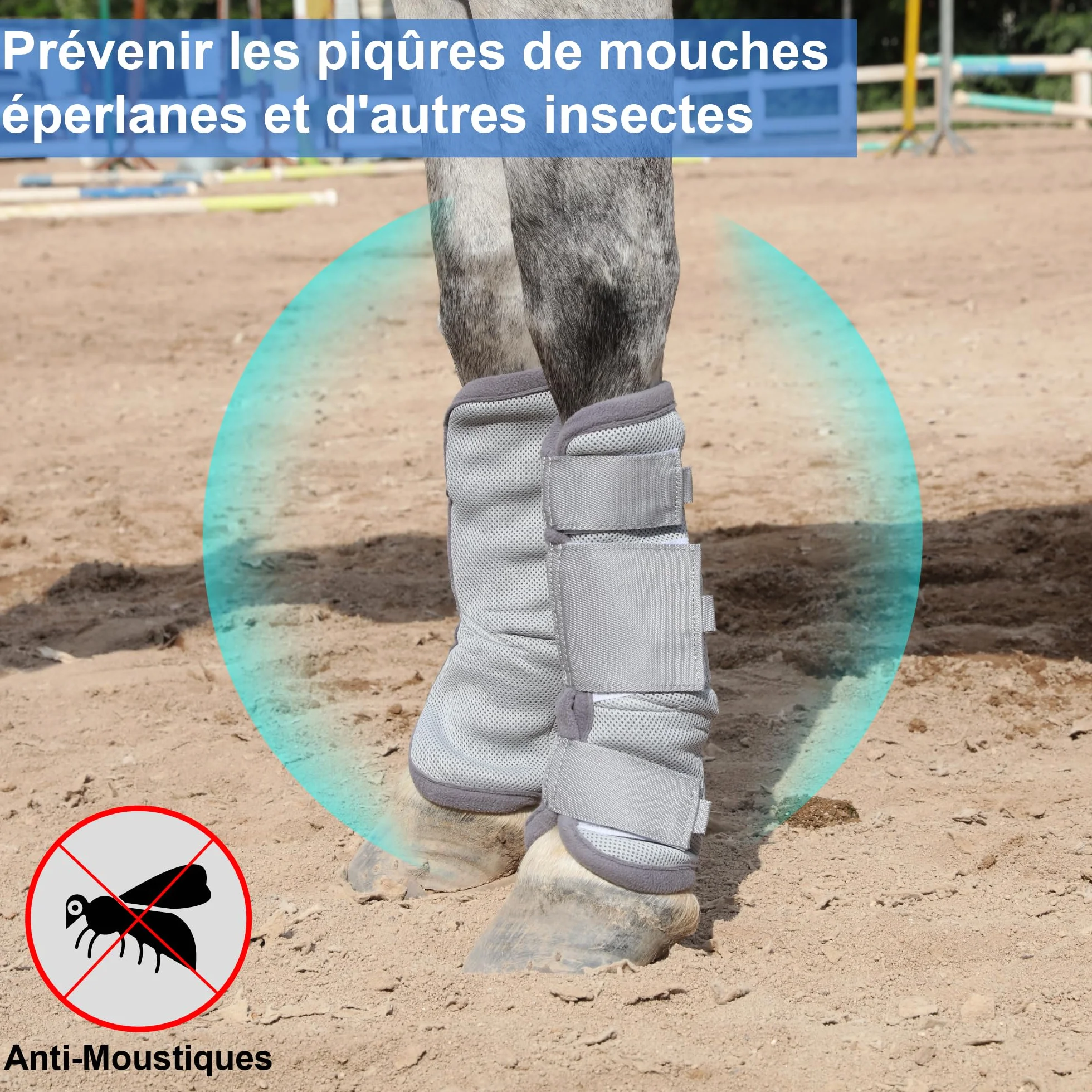 Guêtres pour Chevaux Lot de 4, Maille Respirante, Velcros Renforcés, Gris Medium