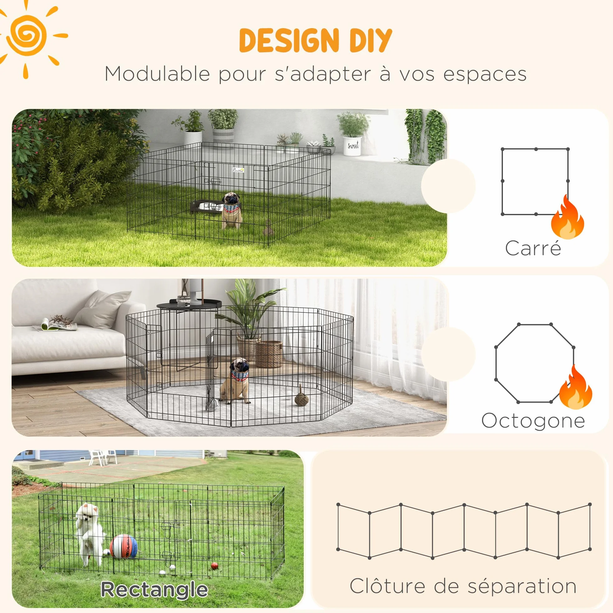 PawHut Parc enclos modulable pour Chiens Lapins rongeurs clôture Petits Animaux intérieur extérieur Pliant 1 Porte 8 Panneaux Fil métal 61 x 61 cm Noir