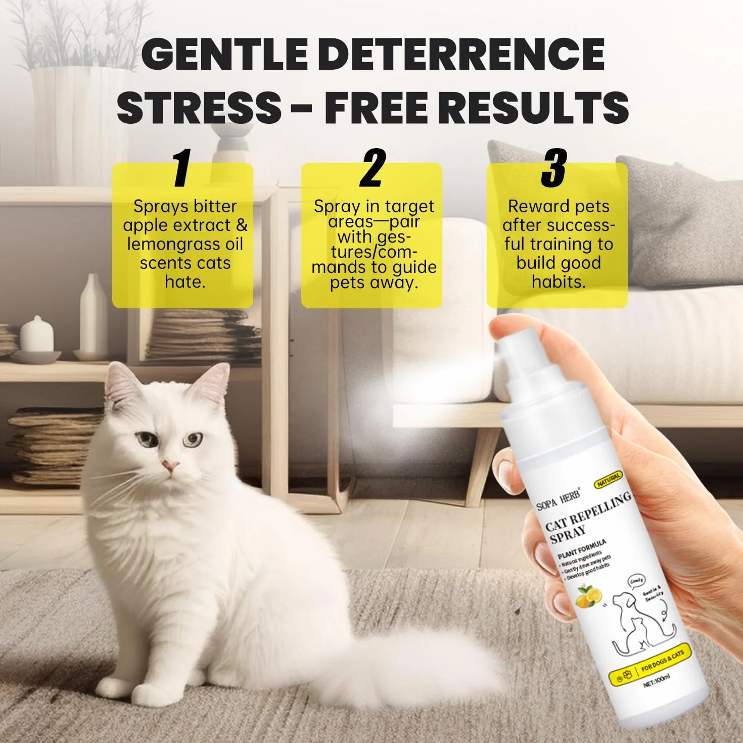 Sopa Herb Spray Répulsif pour Chats 100ml, Protection Intérieure et Extérieure, Parfum Frais d'Orange