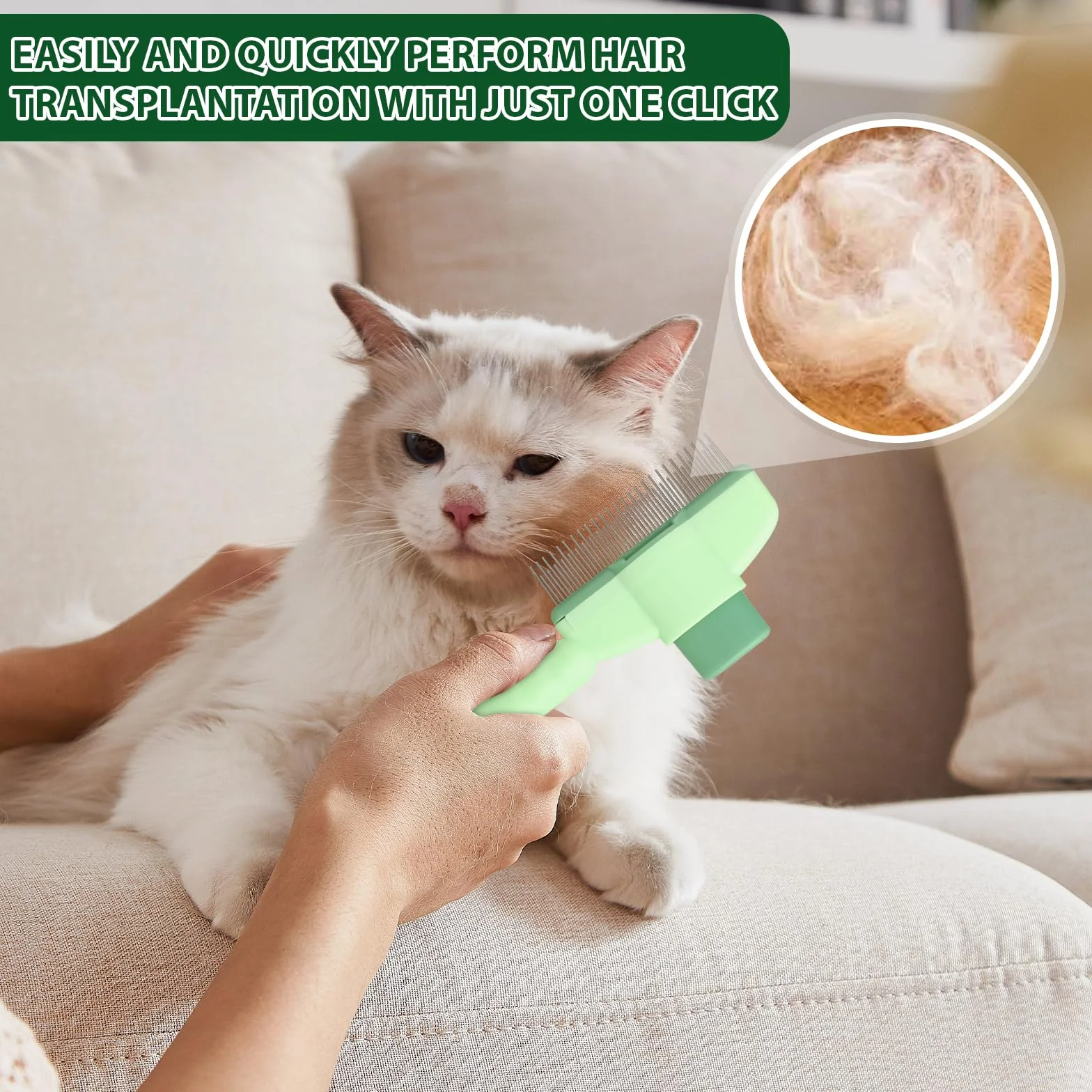 Peigne Autonettoyant pour Chats - Brosse Anti-Puces à Bouton Déverrouillage, Élimine Poils Morts & Nœuds, pour Poils Courts/Longs, 1 Pièce (Vert)