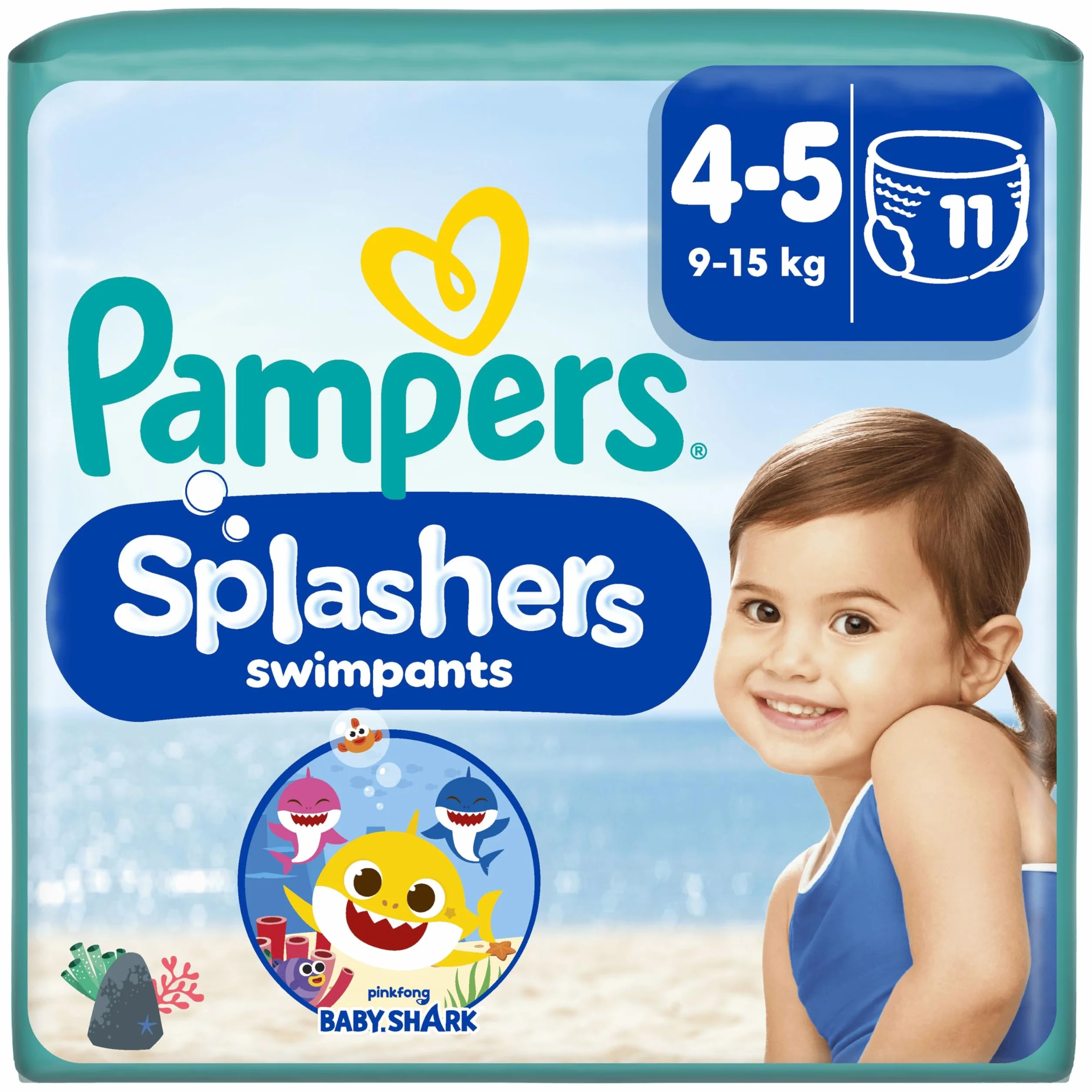 Pampers Splashers Taille 4-5 11 Couches-Culottes de Bain Jetables 9-15kg Baby Shark Édition Limitée