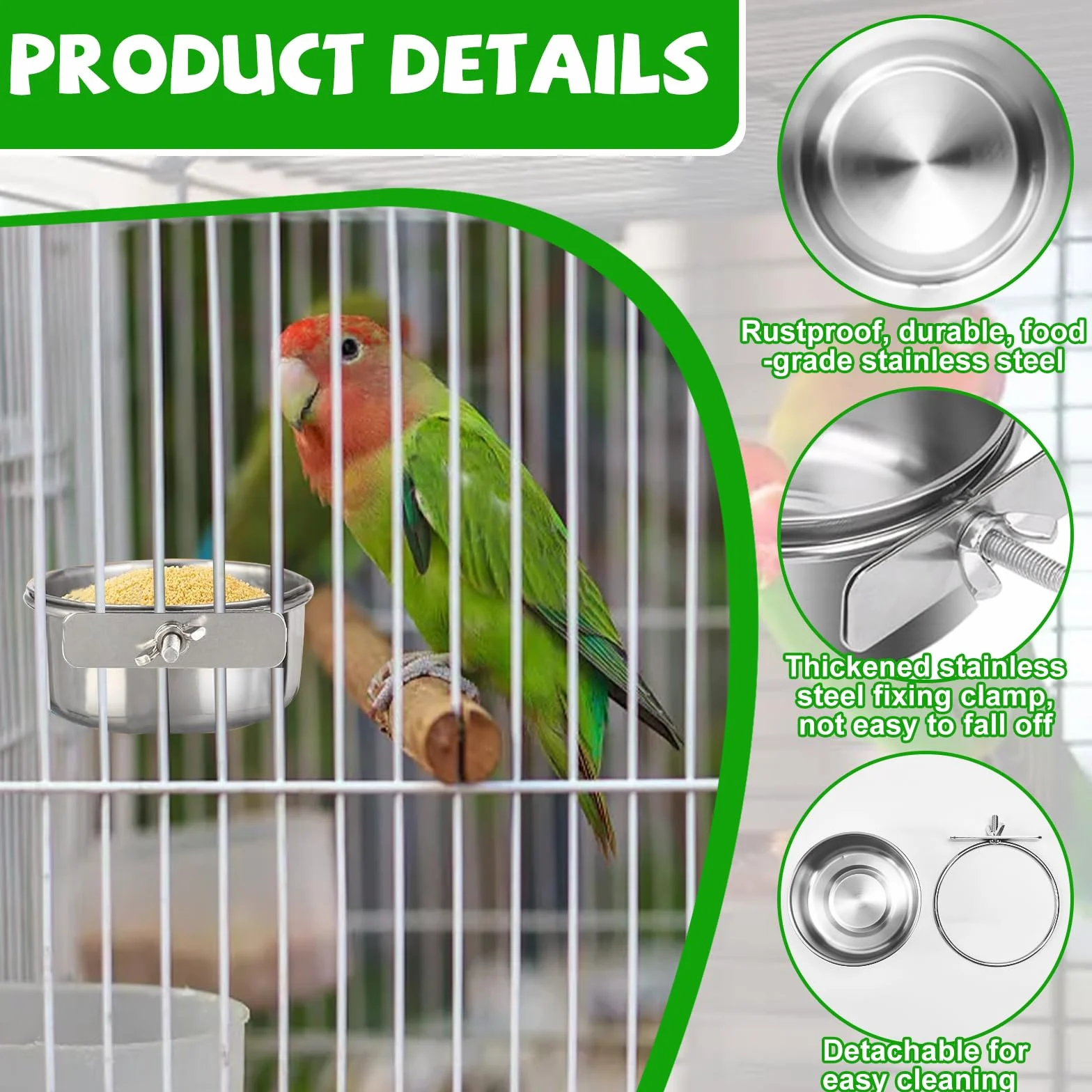 Mangeoires en Acier Inoxydable pour Oiseaux, Mangeoire Suspendue pour Cage à Perroquets avec 2 Boules de Rotin