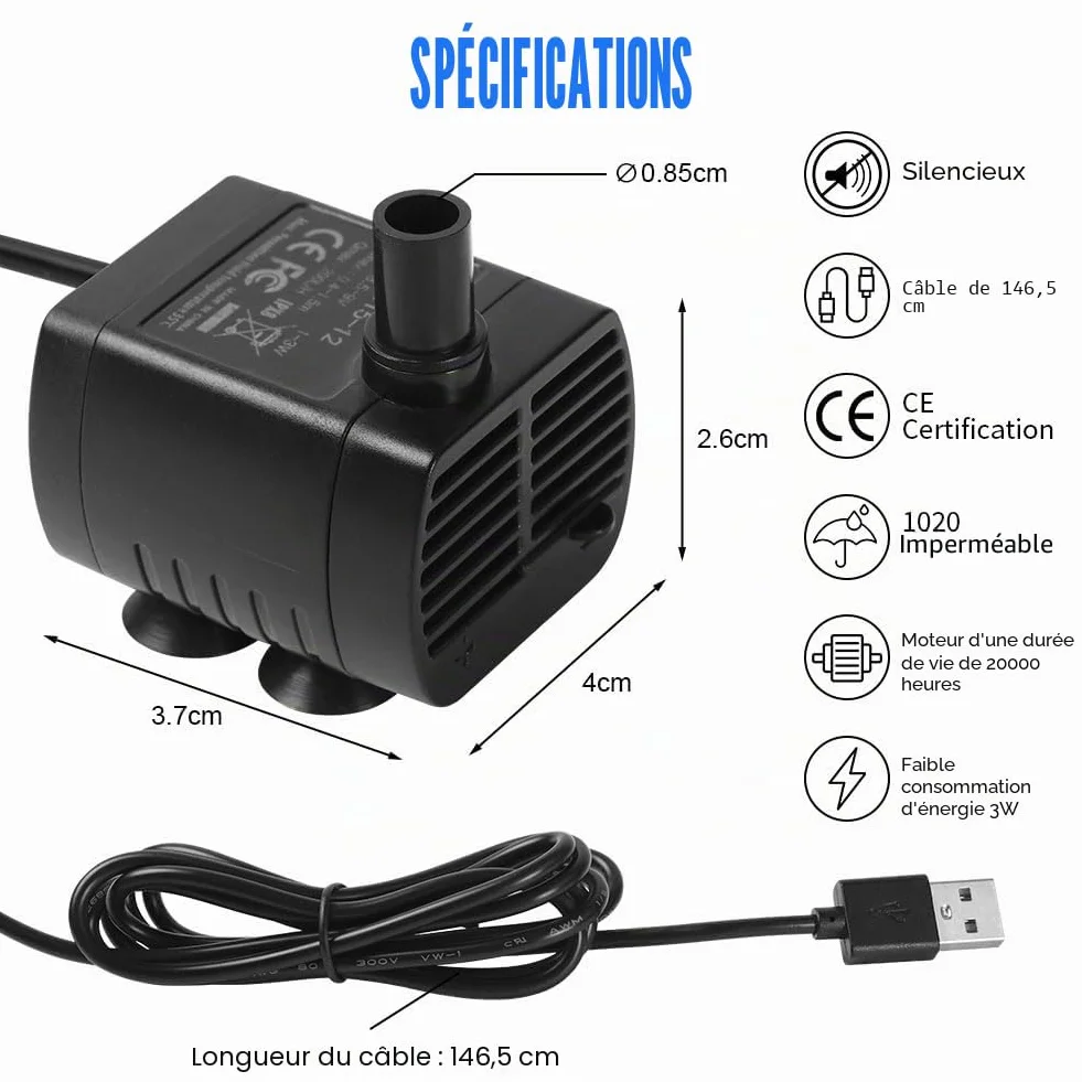 Flintronic Pompe Eau Submersible Aquarium Pump Ajustable 200L/H 3W Ultra-Silencieux USB 1.4m