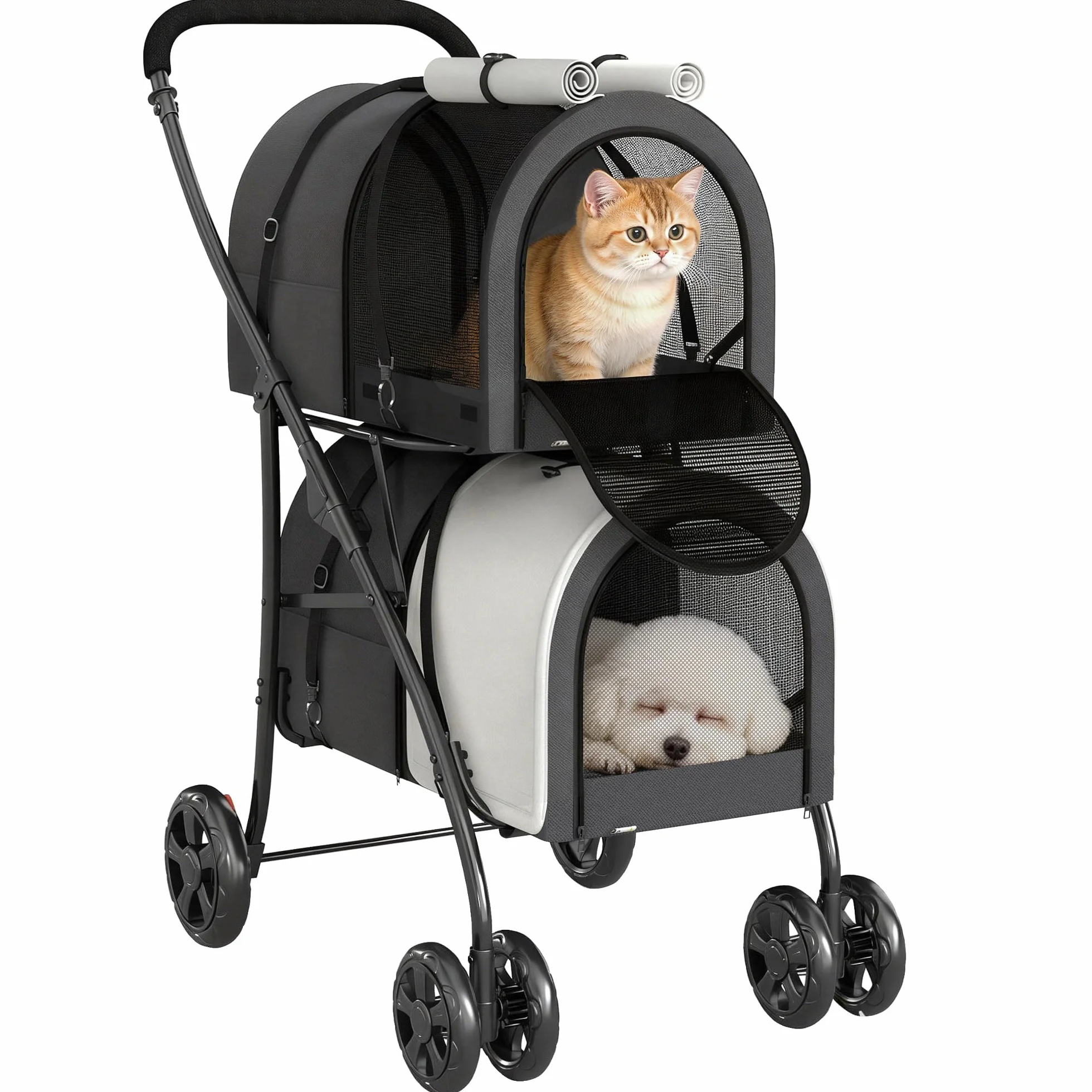 PawHut Chariot double pour chiens et chats Poussette pliable pour animaux de compagnie avec 2 paniers amovibles Ceinture de sécurité Poches latérales et 2 coussins Charge maximale 10 kg 66 x 50 x 98