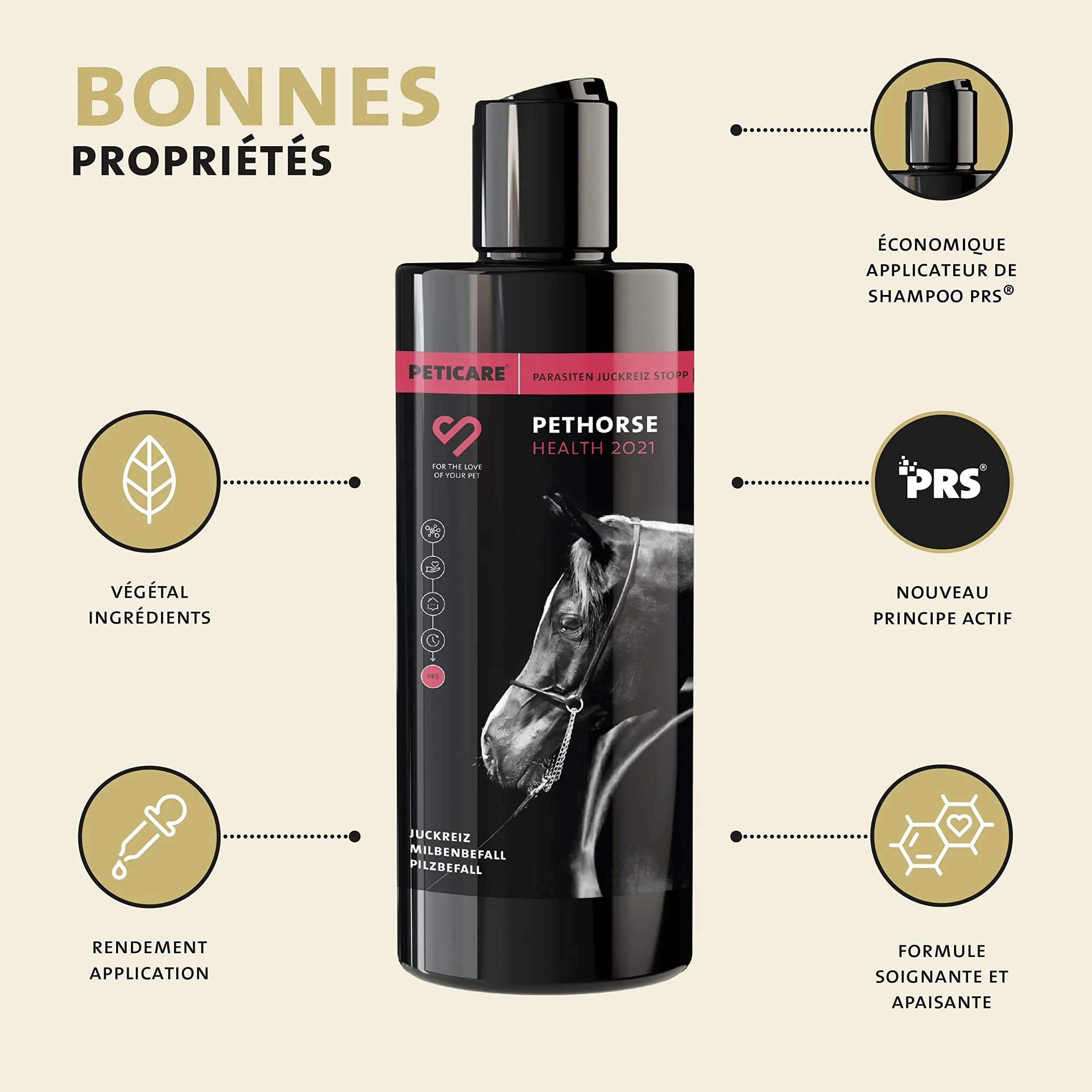Peticare Shampoing Anti-Acariens Anti-Puces Chevaux Soin Peau Sensible