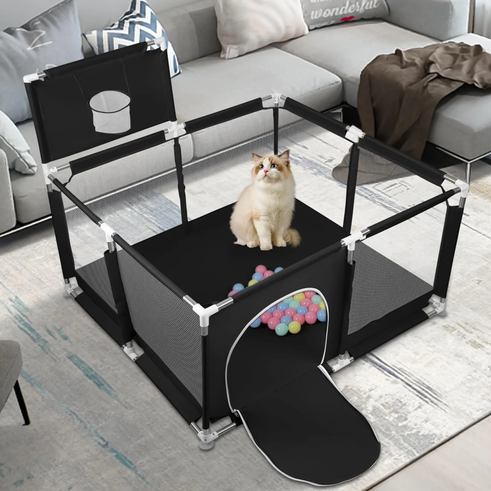 Parc à Chiots avec Porte, Clôture Solide en Tissu épais et Filet Nylon, 126x126x66cm, Noir