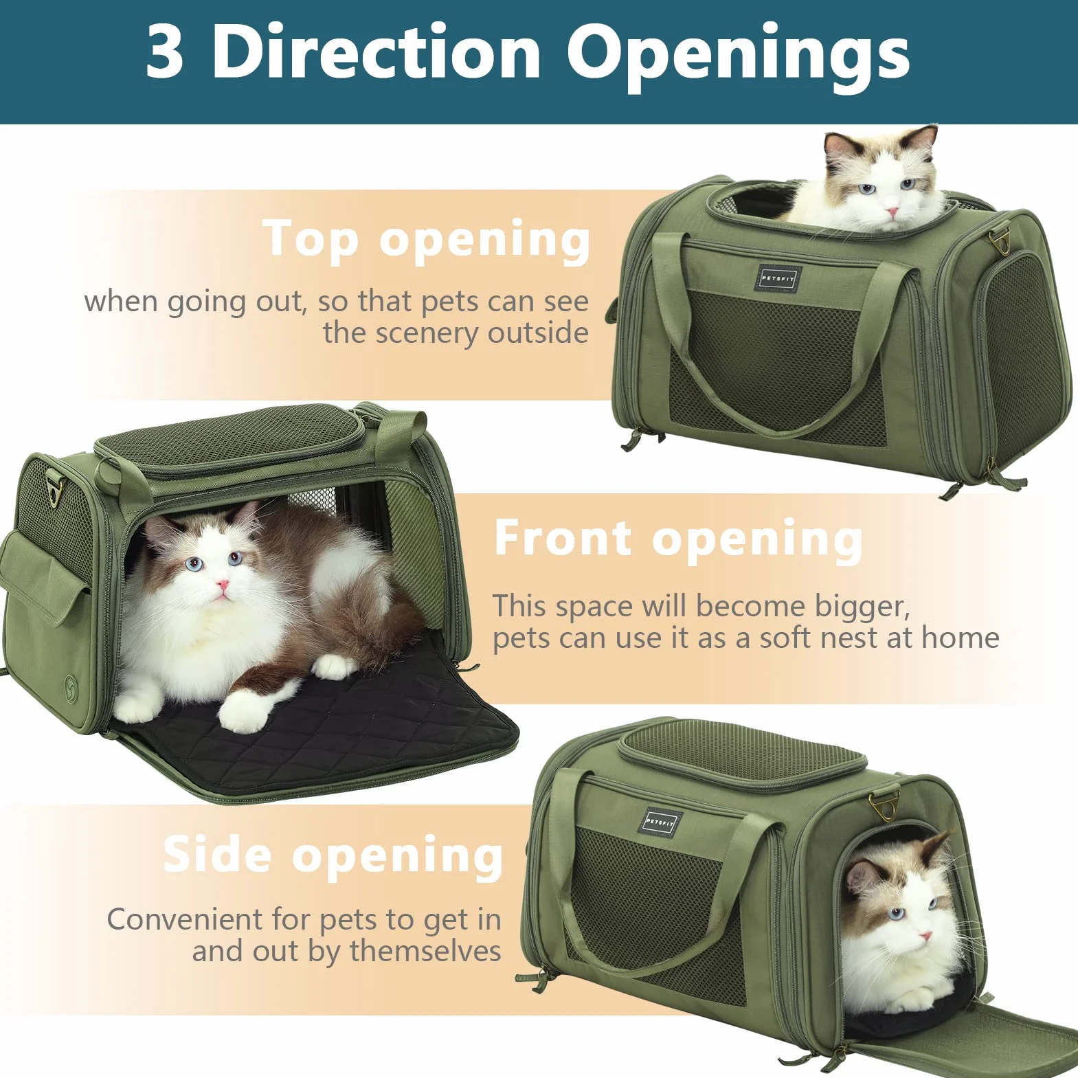 Petsfit Sac Transport Chat et Chien avec Coussin Extensible Taille S Olive Verte