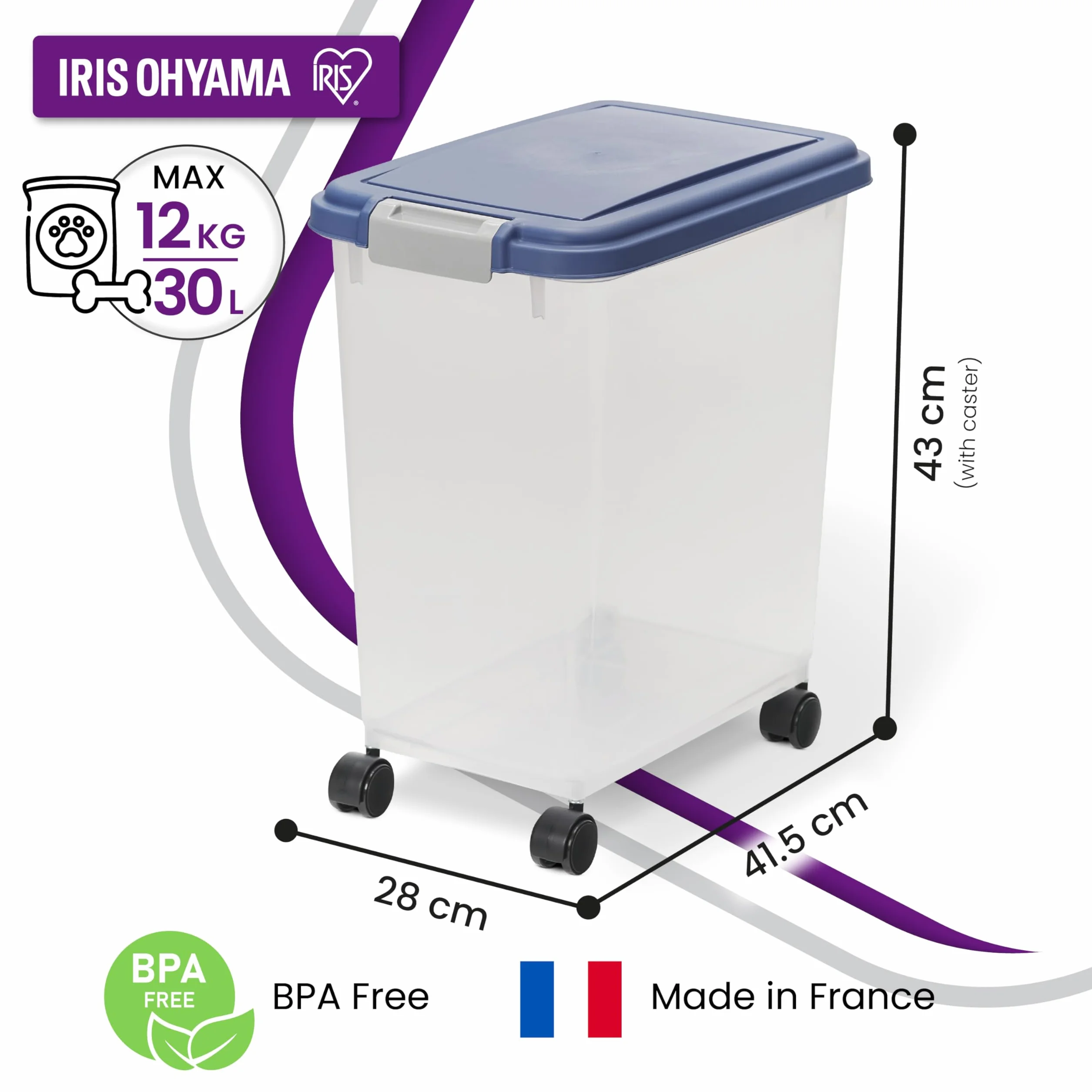 Iris Ohyama Boite Croquettes Chat Hermetique à Roulettes 30L Plastique Bleu