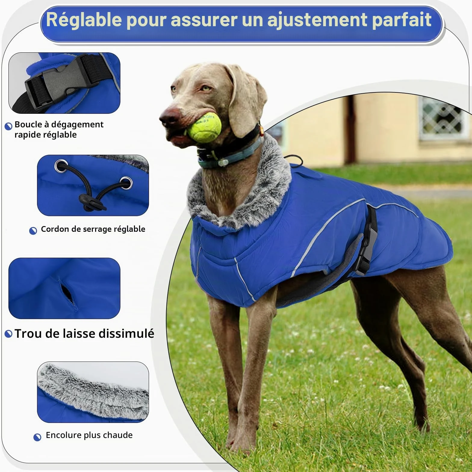 Manteau d'hiver Imperméable pour Chien, Veste Réglable Vêtements Chaud Chiot Gilet Réfléchissant Combinaison de Ski avec Doublure en Polaire pour Petit Moyen Grand Chien(Bleu, XL)