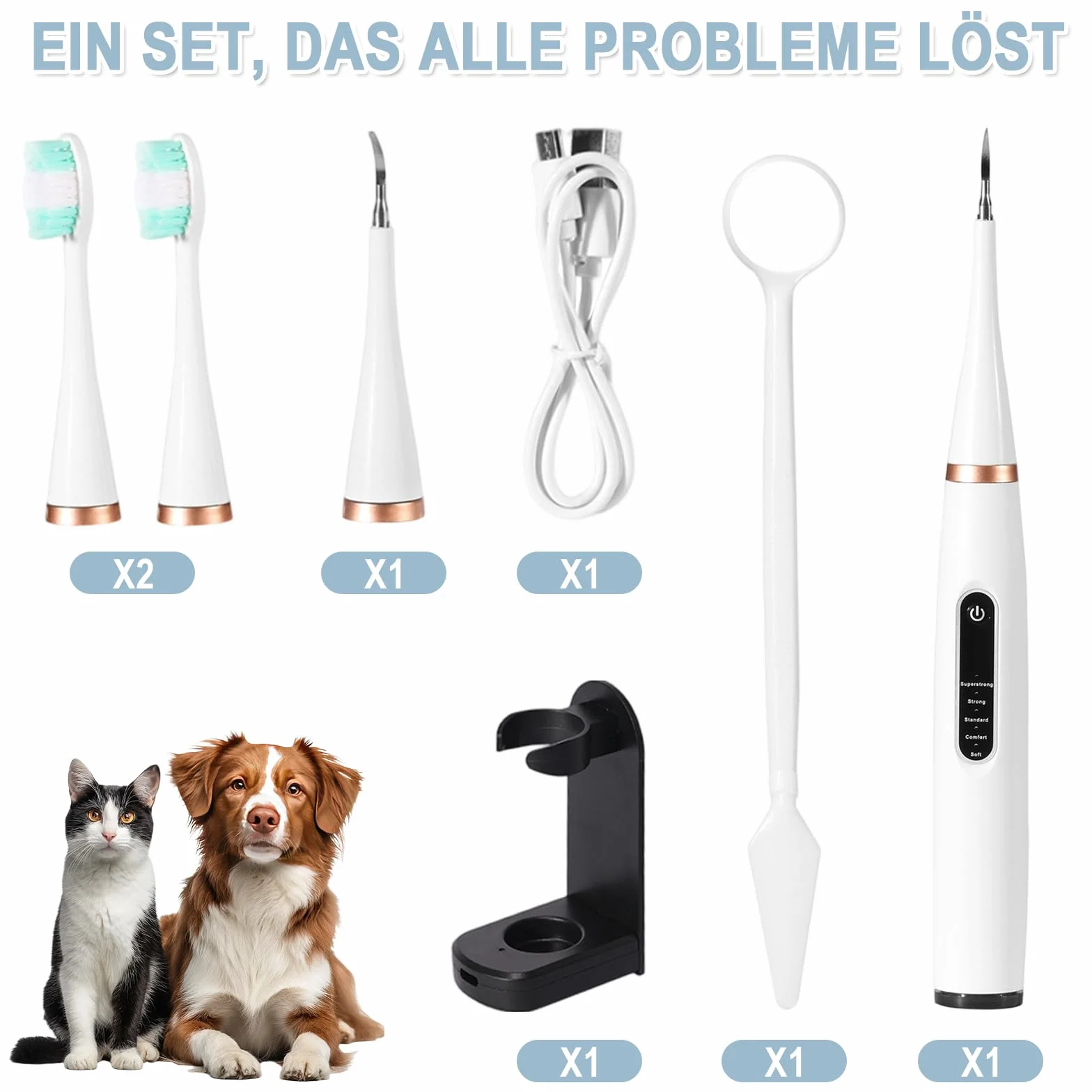 Detartreur Dentaire Ultrasonique pour Chien et Chat - Kit 5 en 1 Ultra Edition, 31K Vibrations/min, 4 Embouts, USB-C, Autonomie 30 Jours, Étanche IPX6