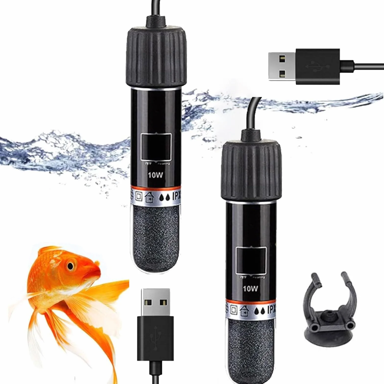 GERUI Lot de 2 mini chauffages USB d'aquarium 10 W avec thermostat, thermostat pour petits aquariums, pour eau salée et eau douce