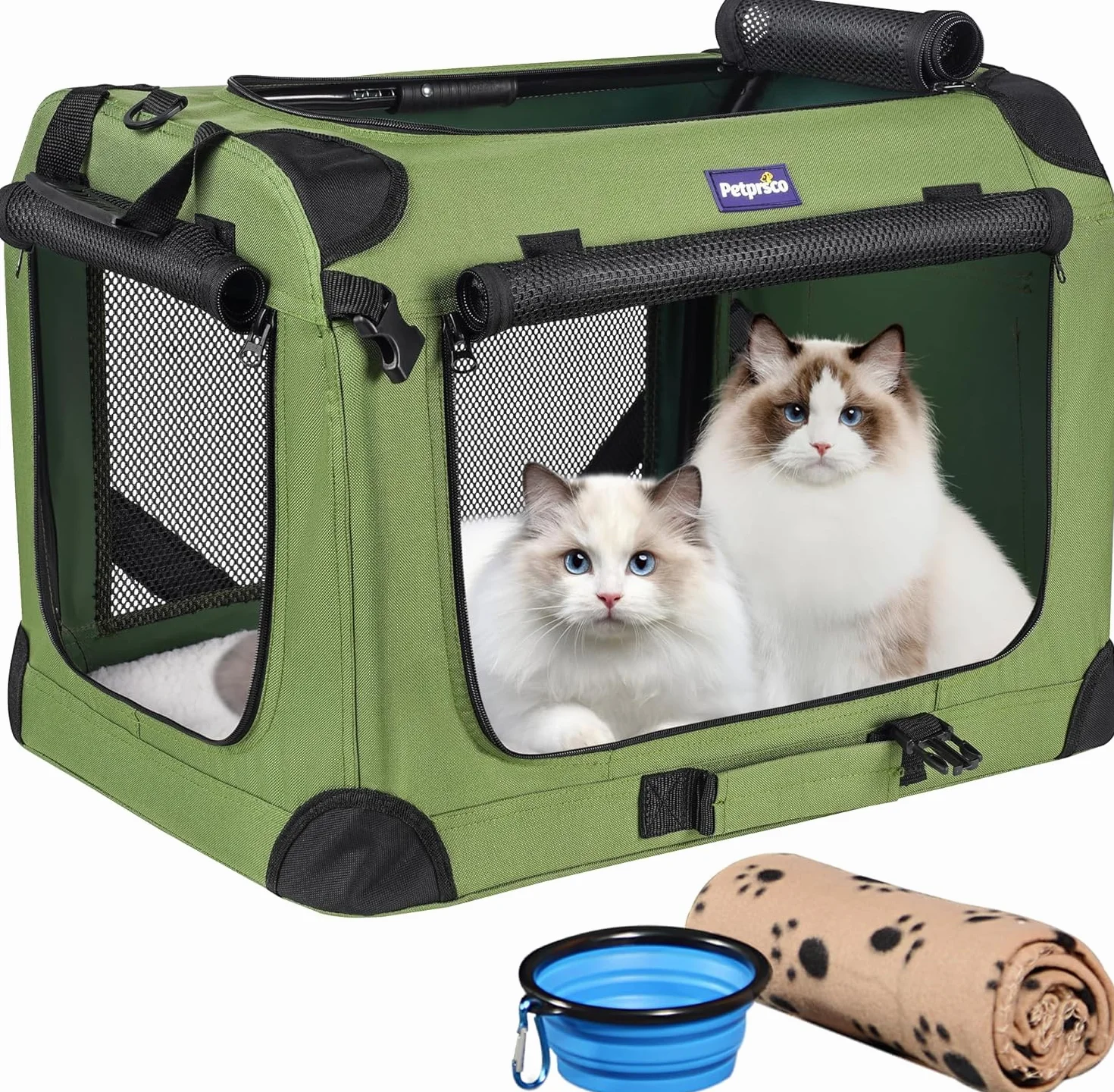 Petprsco Grand sac de transport pour 2 chats et chiens petite moyenne taille 61x43x43 cm avec couverture chaude bol pliable