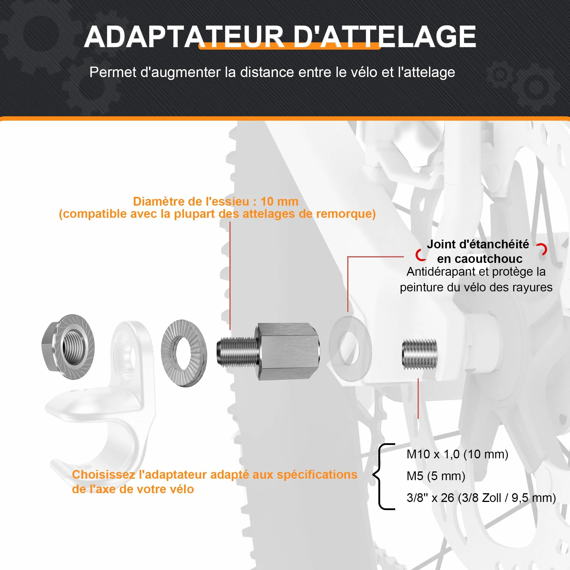 Adaptateur d'essieu de vélo universel M10 x 1,0 axe Plein 3/8" x 26 Serrage Rapide M5