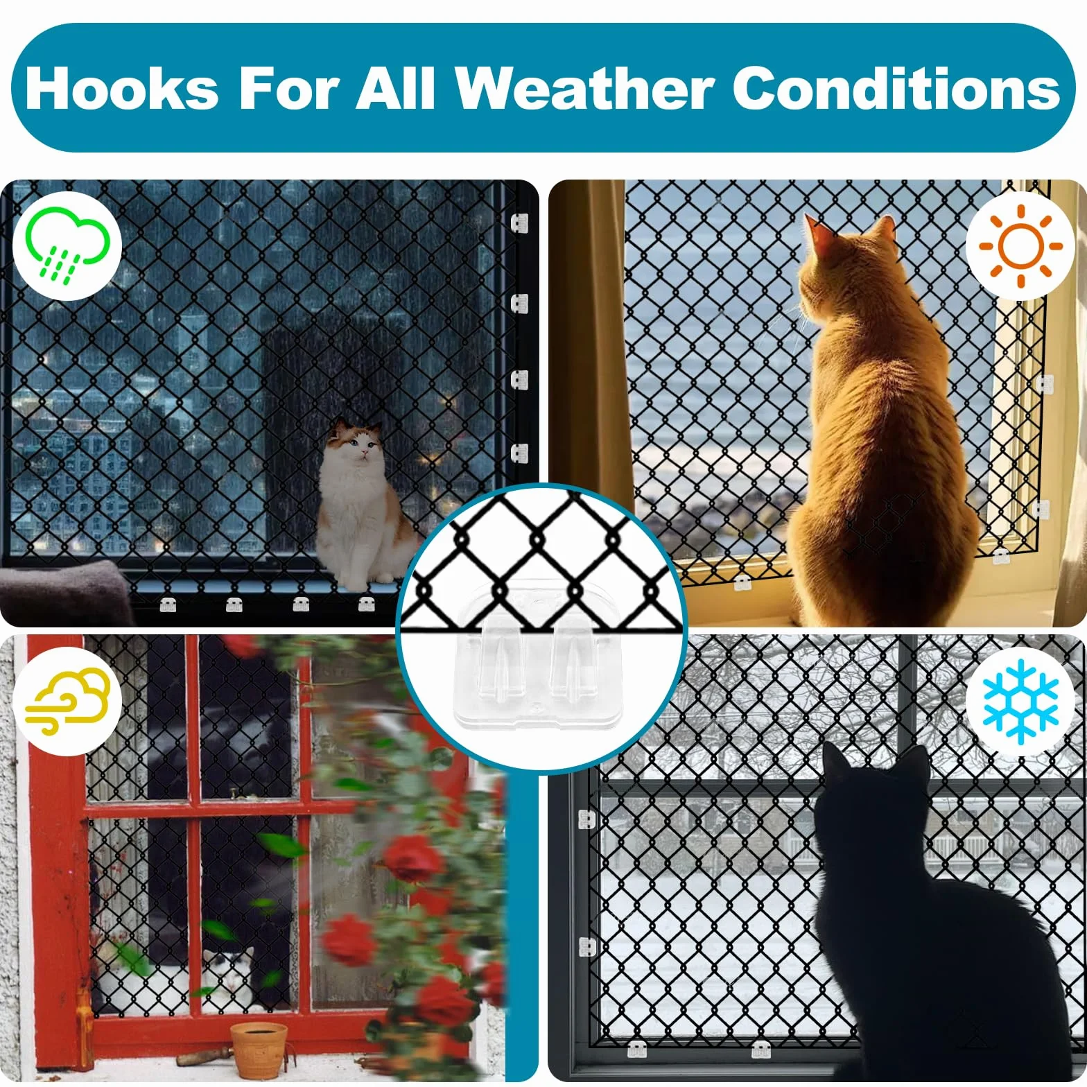 Crochet sans Percage de Filet Chat Balcon, Étanche, Anti UV, 100 Pièces, 6 Adhésif Extra Fort