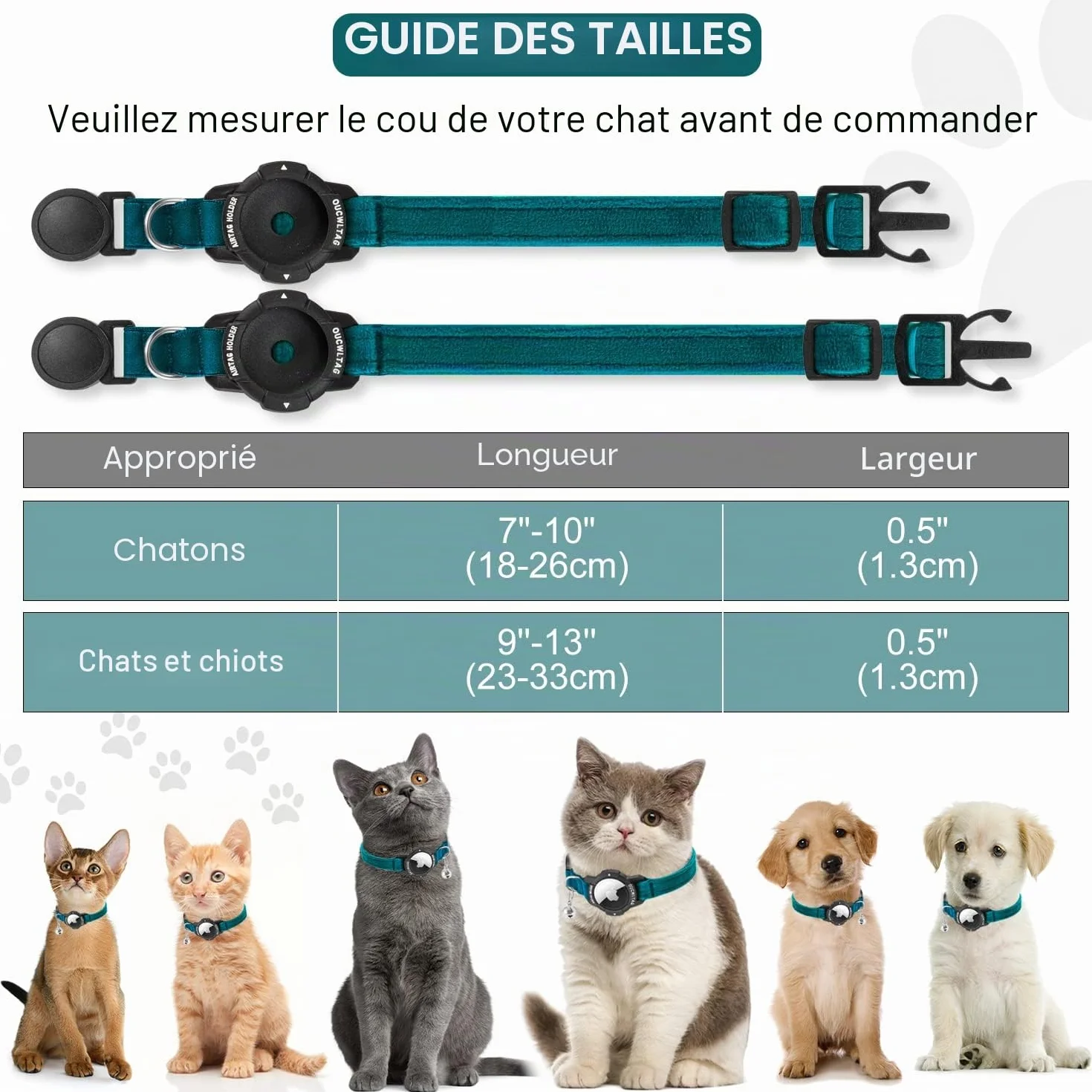 Collier Chat Airtag Luminescent Apple Support avec Boucle Sécurité Anti-étouffement Sangle Élastique Bleu 23-33cm