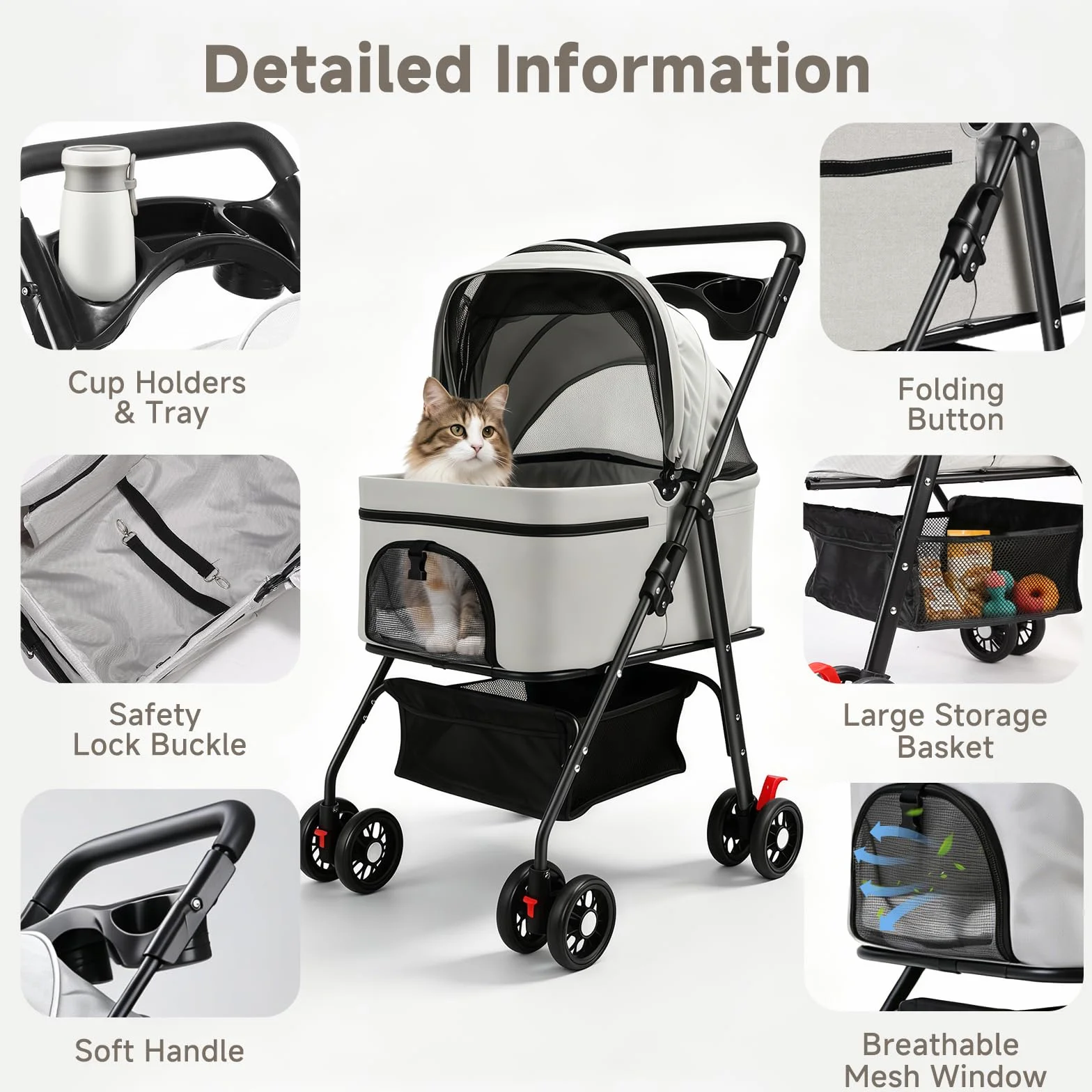 Poussette Pour Chiens et Chats De Petite Taille avec 4 Roues, Poussette 3 En 1 Pliable avec Nacelle Amovible, Mesh Respirant, Panier De Rangement et Porte-Gobelet, Jusqu'à 15 kg