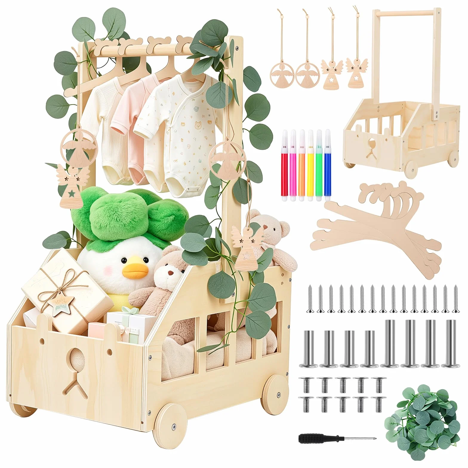 Panier Naissance Bébé en Bois Motif Ours Coffret Cadeau avec Poignée et Roulettes