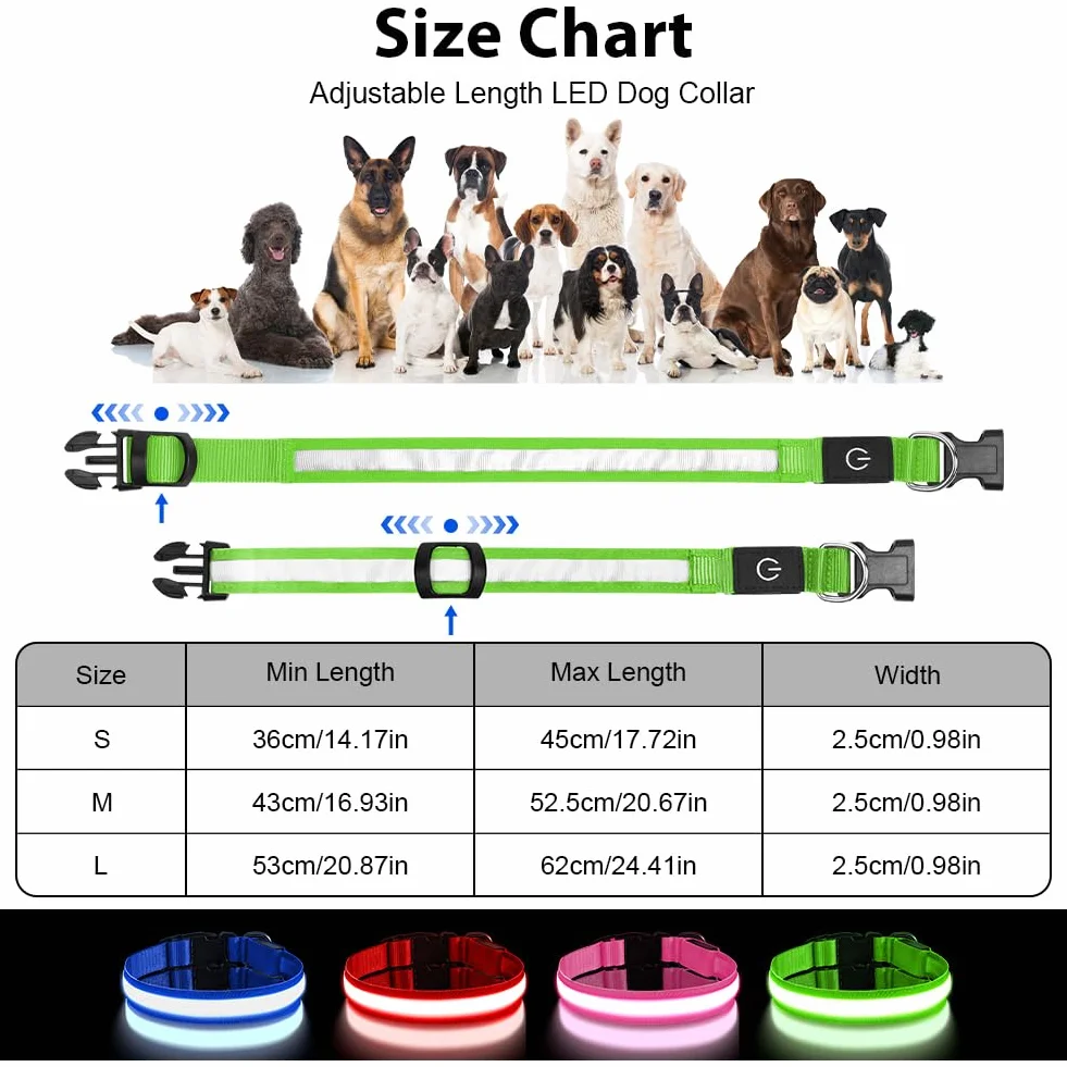 AUAUY Collier Lumineux LED Rechargeable pour Chien avec Port Type-C, 3 Modes, Imperméable, Réglable (L, Vert)